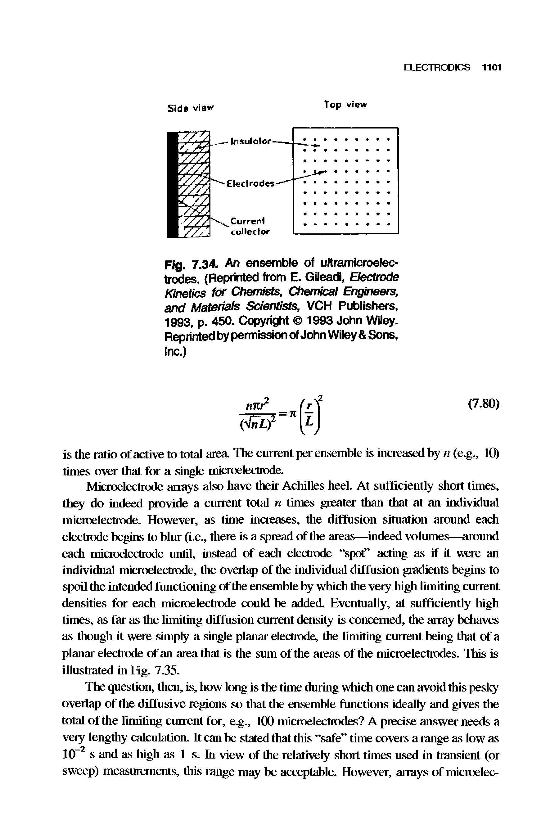 Fig. 7.34. An ensemble of ultramicroelectrodes. (Reprinted from E. Gileadi, Electrode Kinetics for Chemists, Chemical Engineers, and Materials Scientists, VCH Publishers, 1993, p. 450. Copyright 1993 John Wiley. Reprinted by permission of John Wiley Sons, inc.)...