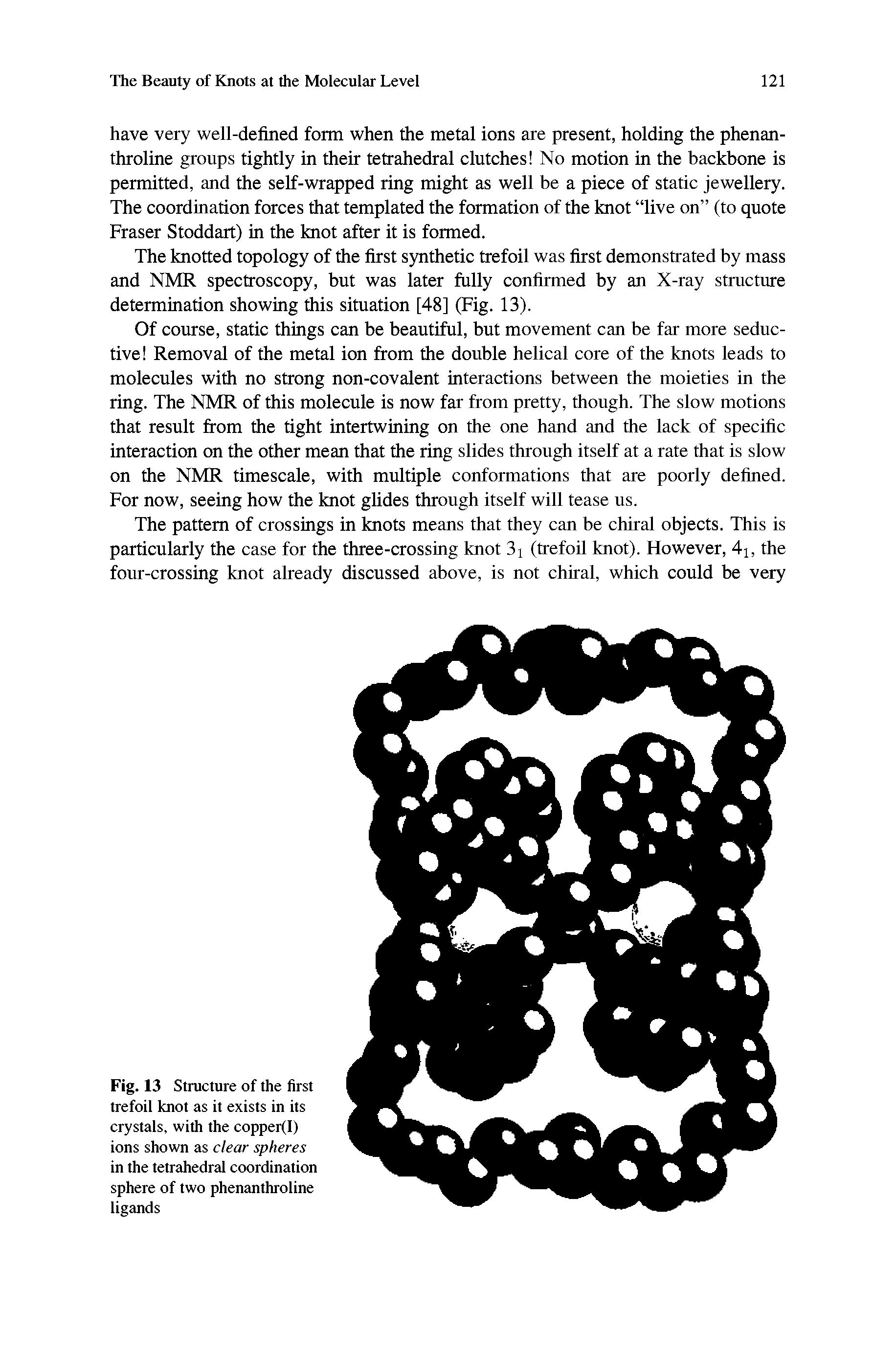 Fig. 13 Structure of the first trefoil knot as it exists in its crystals, with the copper(I) ions shown as clear spheres in the tetrahedral coordination sphere of two phenanthroline ligands...