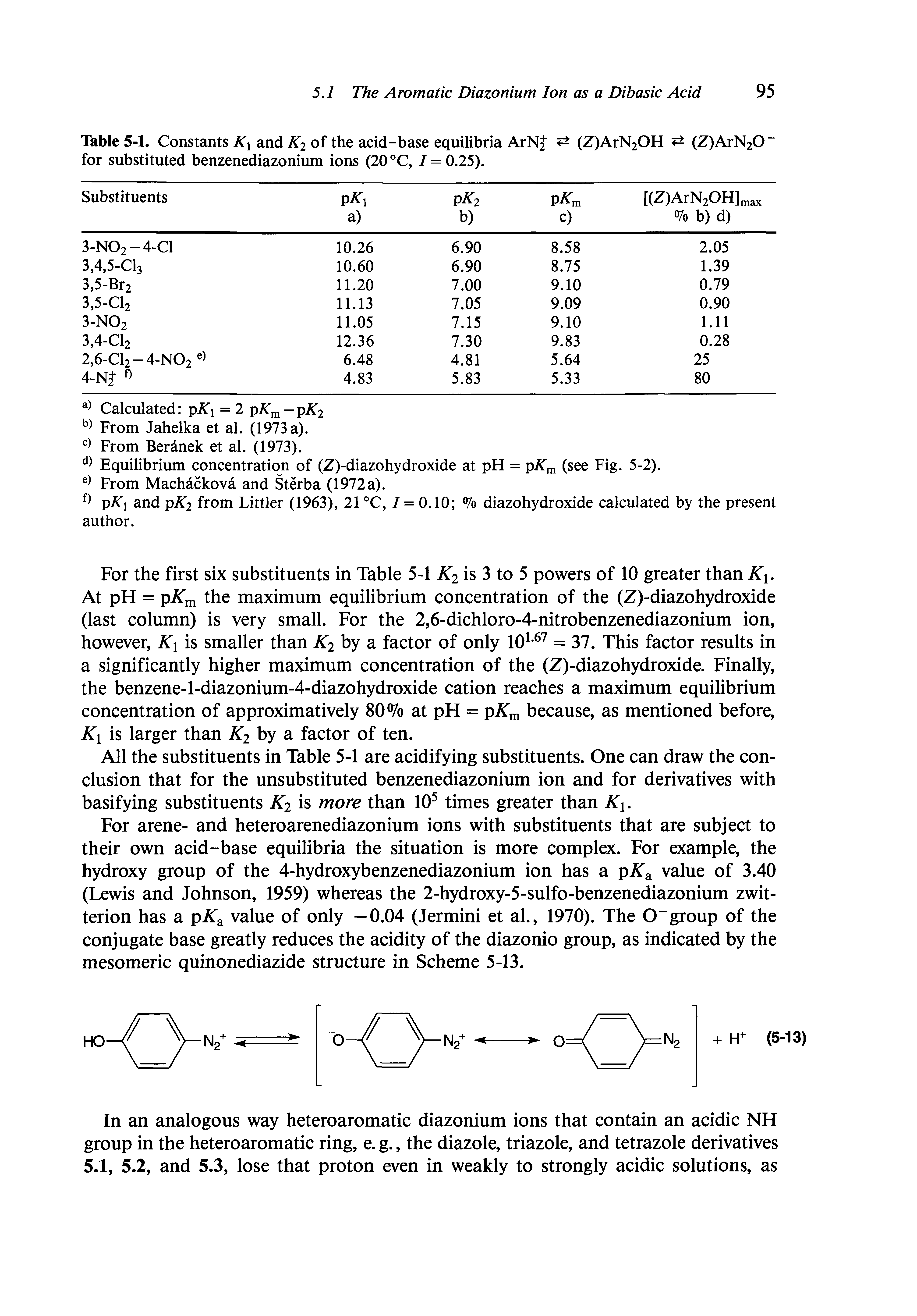 Table 5-1. Constants Kx and K2 of the acid-base equilibria ArNJ (Z)ArN2OH (Z)ArN20 for substituted benzenediazonium ions (20 °C, / = 0.25).