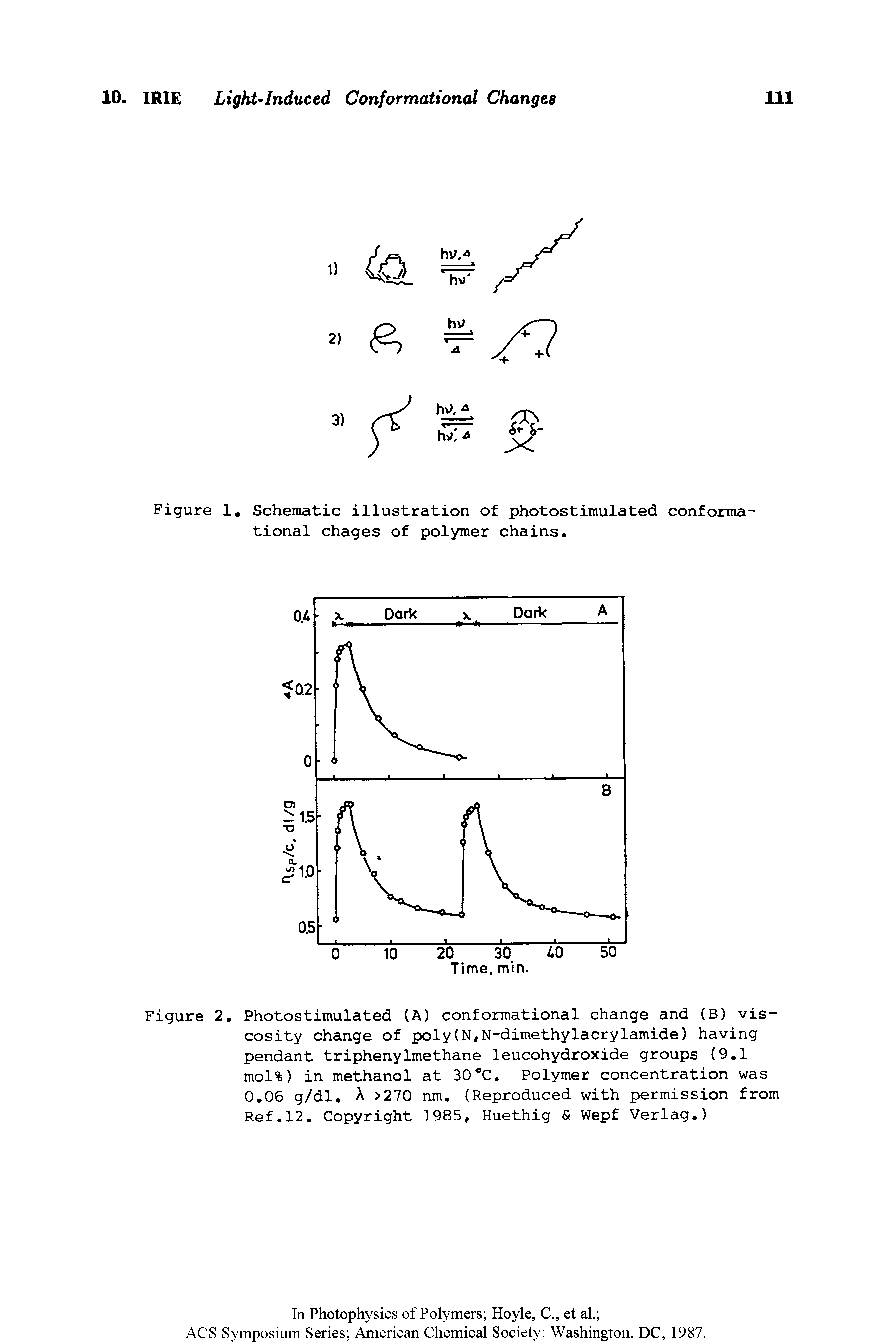 Figure 2. Photostimulated (A) conformational change and (B) viscosity change of polyCN,N-dimethylacrylamide) having pendant triphenylmethane leucohydroxide groups 9.1 mol%) in methanol at 30°C. Polymer concentration was 0.06 g/dl. A >270 nm. (Reproduced with permission from Ref.12. Copyright 1985, Huethig Wepf Verlag.)...