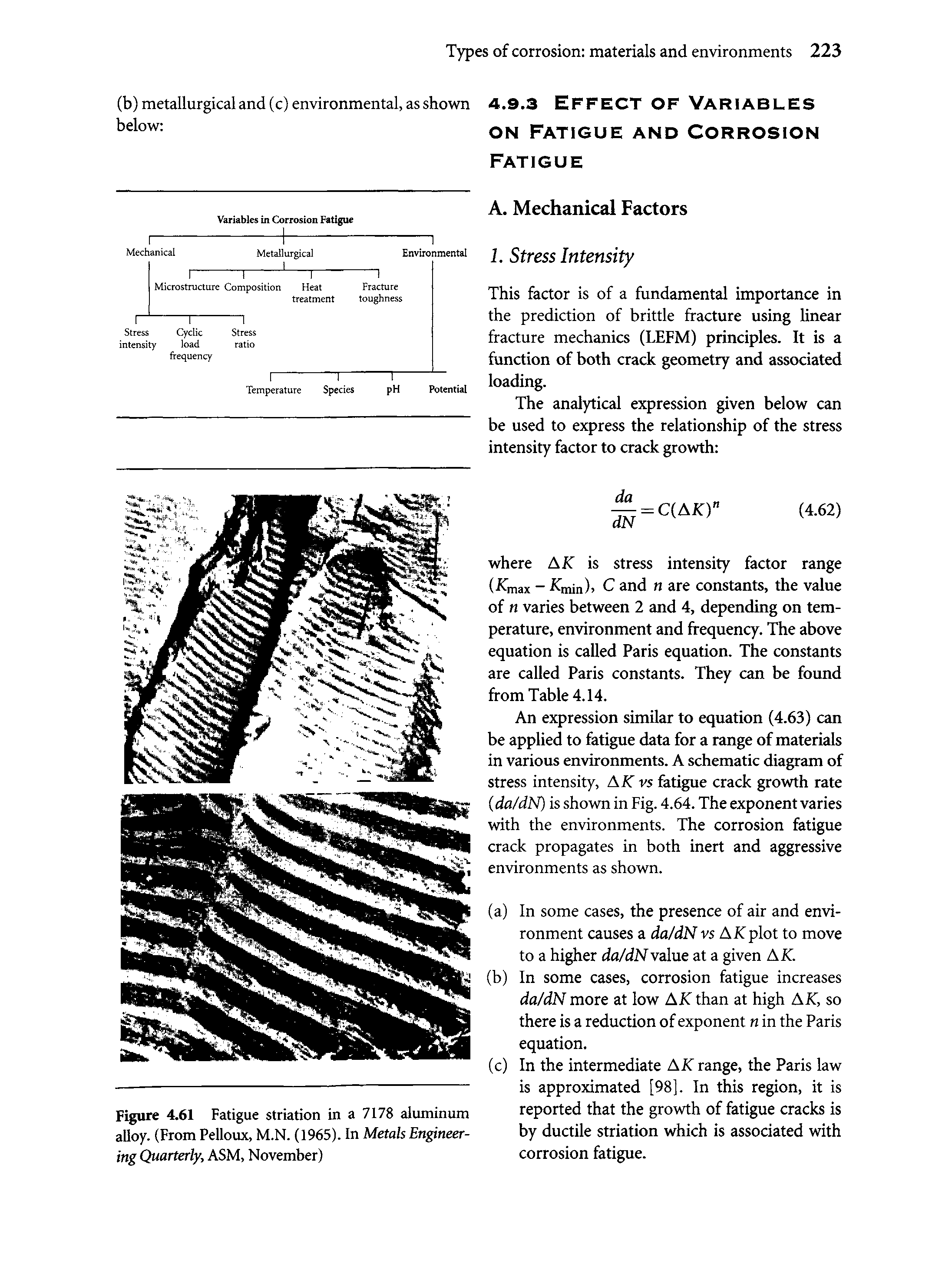 Figure 4.61 Fatigue striation in a 7178 aluminum alloy. (From Pelloux, M.N. (1965). In Metals Engineering Quarterly, ASM, November)...