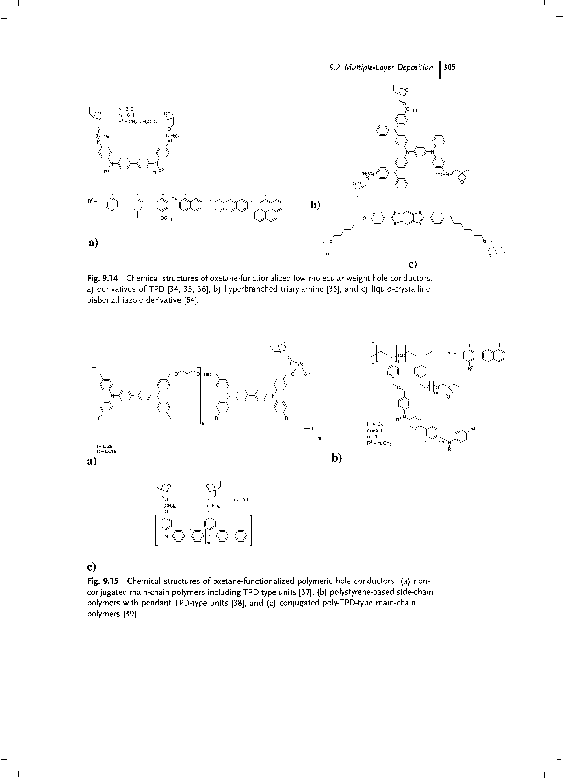 Fig. 9.14 Chemical structures of oxetane-functionalized low-molecular-weight hole conductors a) derivatives ofTPD [34, 35, 36], b) hyperbranched triarylamine [35], and c) liquid-crystalline bisbenzthiazole derivative [64].