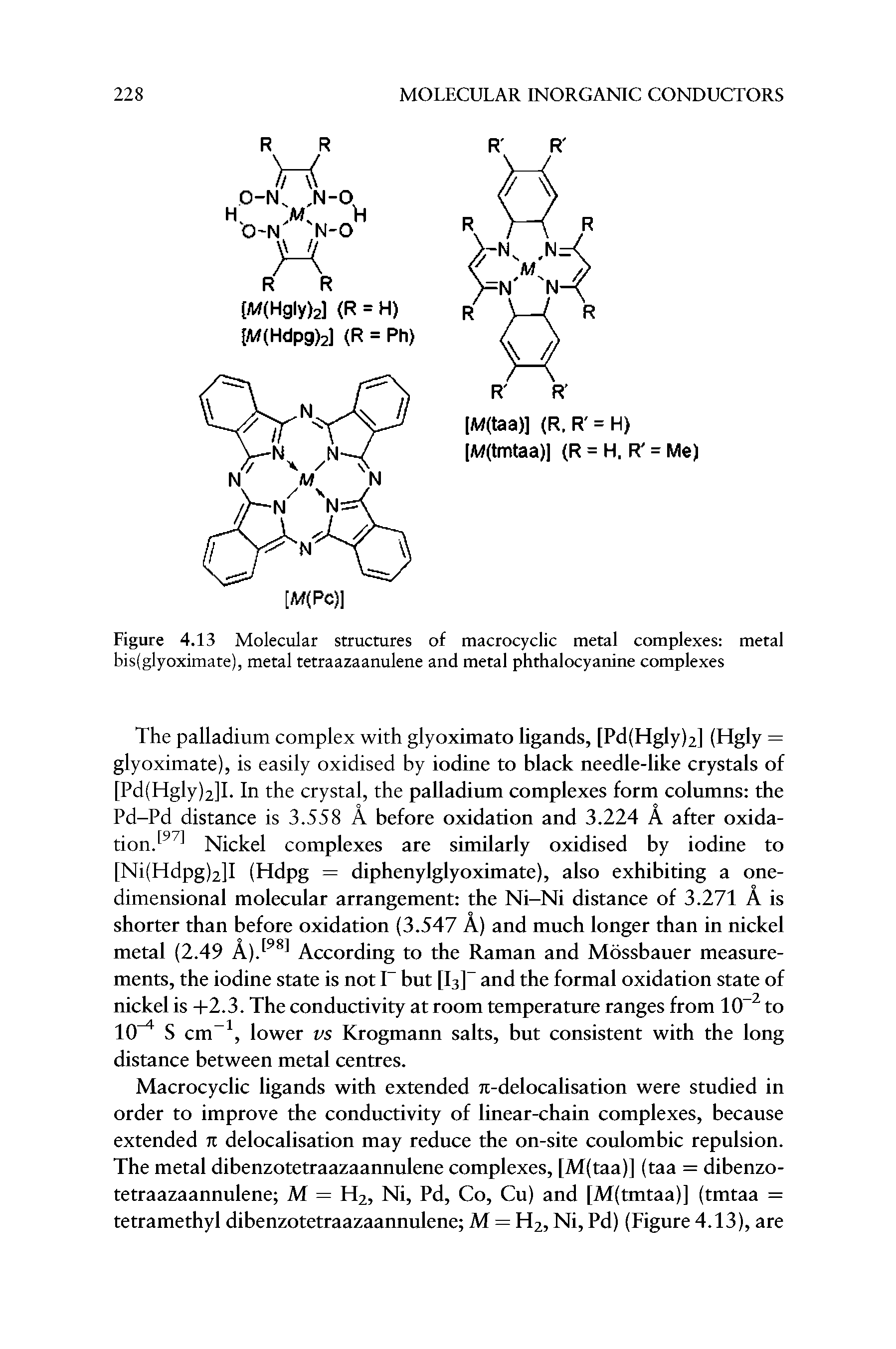 Figure 4.13 Molecular structures of macrocyclic metal complexes metal bis(glyoximate), metal tetraazaanulene and metal phthalocyanine complexes...