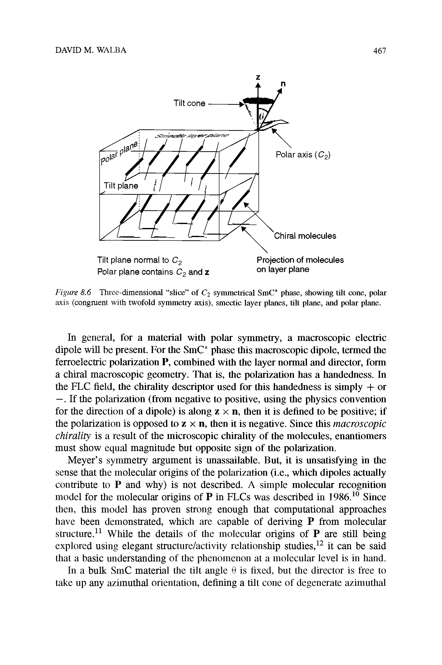 Figure 8.6 Three-dimensional slice of C2 symmetrical SmC phase, showing tilt cone, polar axis (congruent with twofold symmetry axis), smectic layer planes, tilt plane, and polar plane.