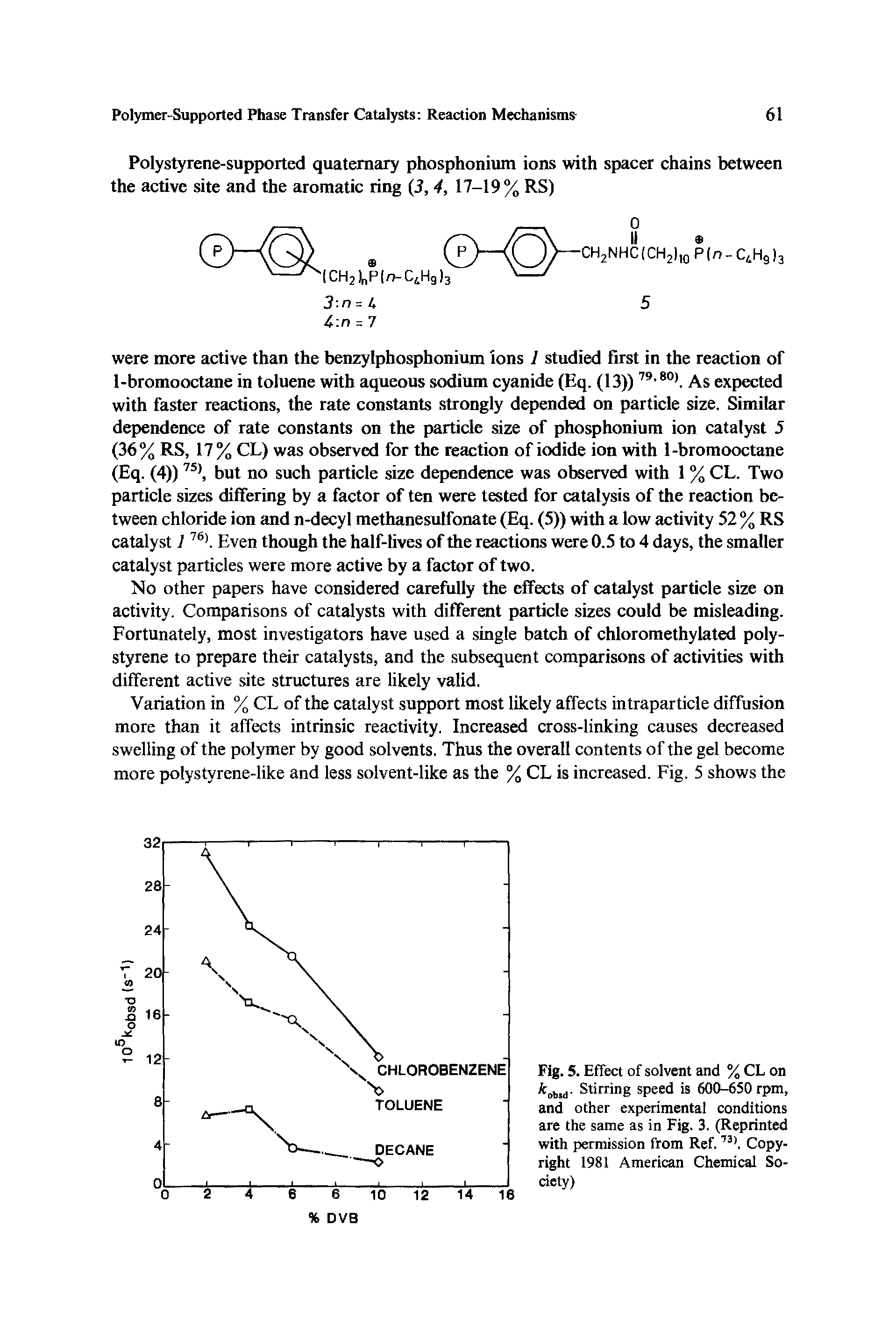 Fig. 5. Effect of solvent and % CL on kobsd. Stirring speed is 600-650 rpm, and other experimental conditions are the same as in Fig. 3. (Reprinted with permission from Ref. 73). Copyright 1981 American Chemical Society)...