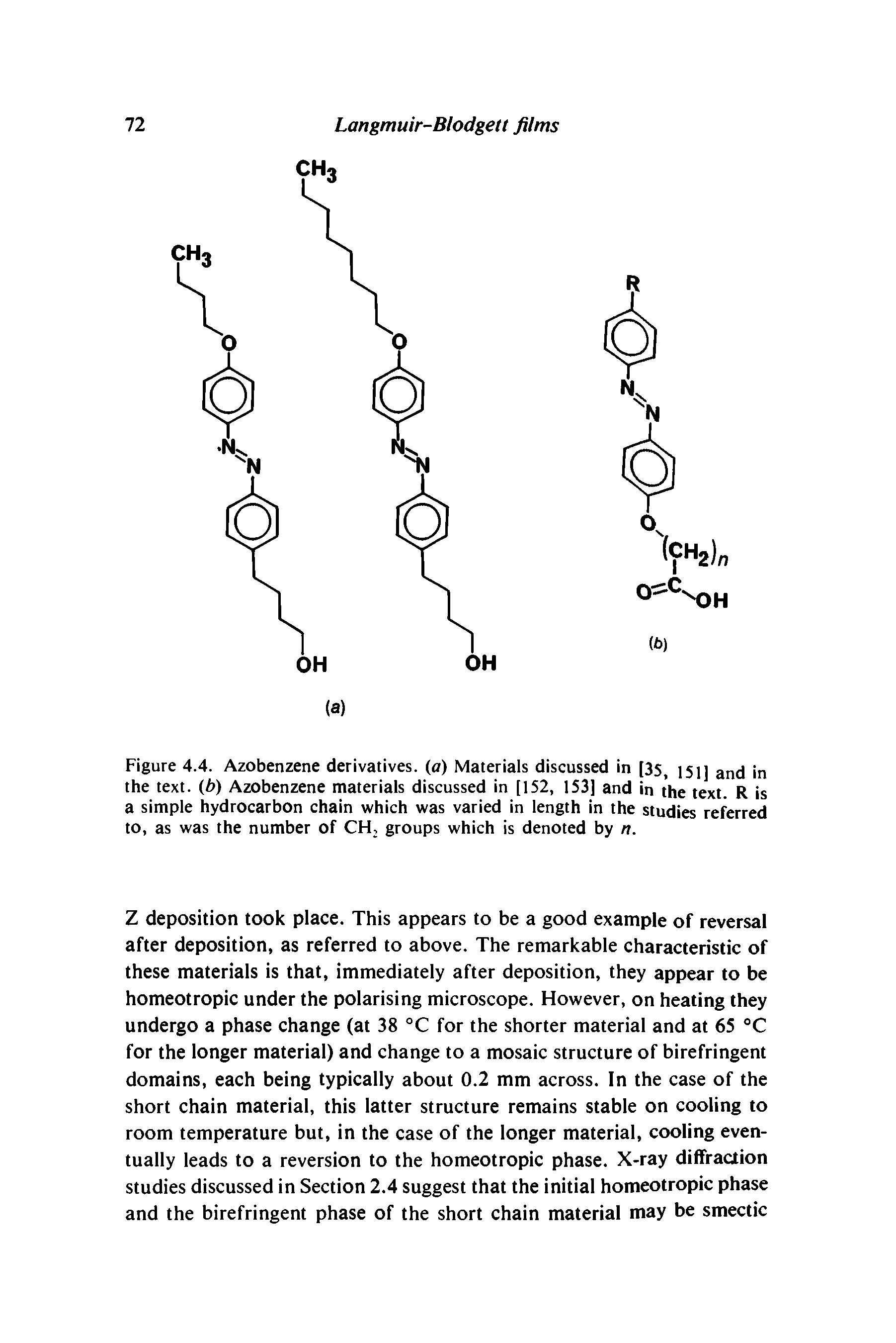 Figure 4.4. Azobenzene derivatives, (a) Materials discussed in [35> 151] ancj jn the text, (b) Azobenzene materials discussed in [152, 153] and in the text R is a simple hydrocarbon chain which was varied in length in the studies referred to, as was the number of CH, groups which is denoted by n.