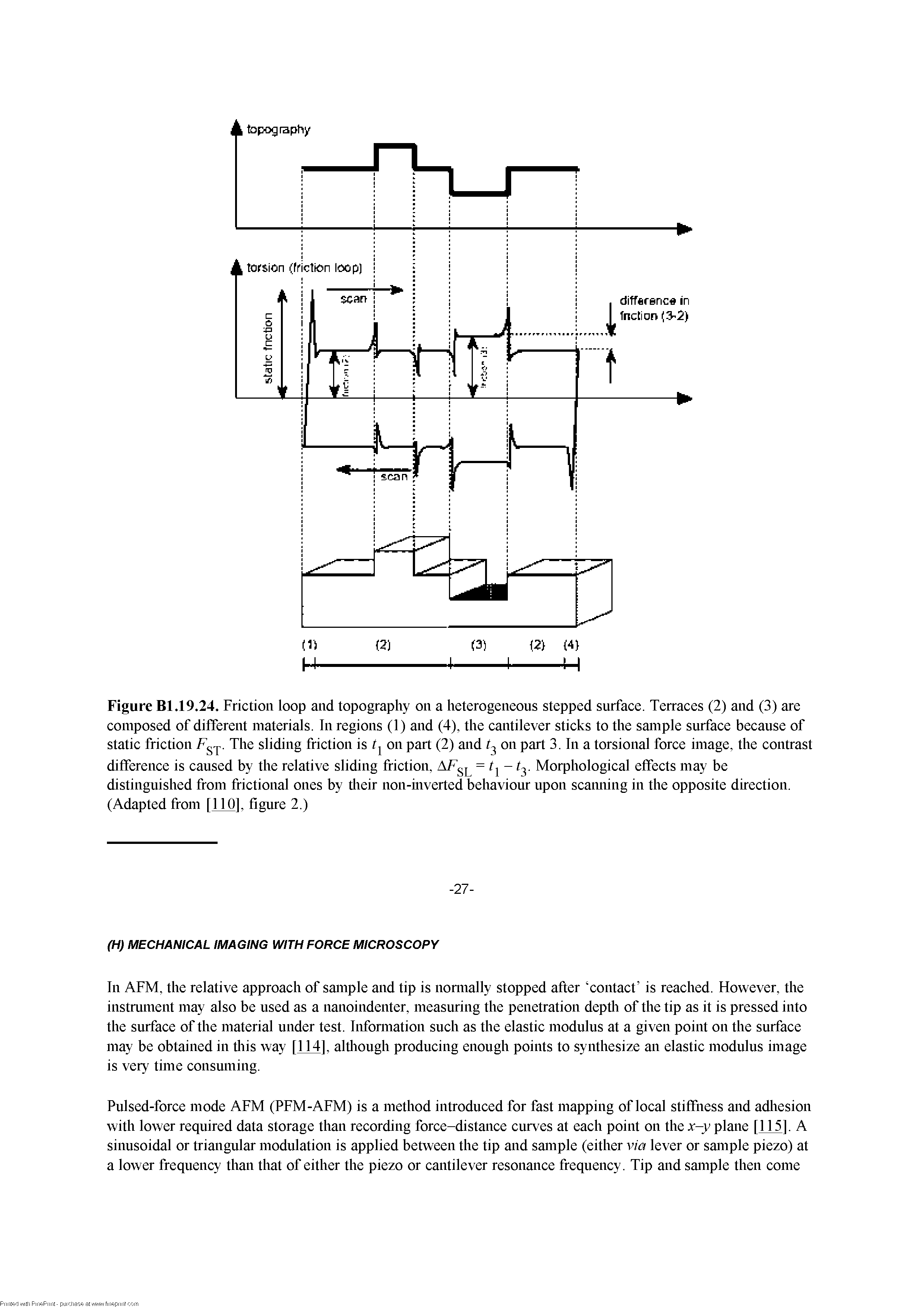 Figure Bl.19.24. Friction loop and topography on a heterogeneous stepped surface. Terraces (2) and (3) are composed of different materials. In regions (1) and (4), the cantilever sticks to the sample surface because of static friction The sliding friction is tj on part (2) and on part 3. In a torsional force image, the contrast difference is caused by the relative sliding friction, Morphological effects may be...