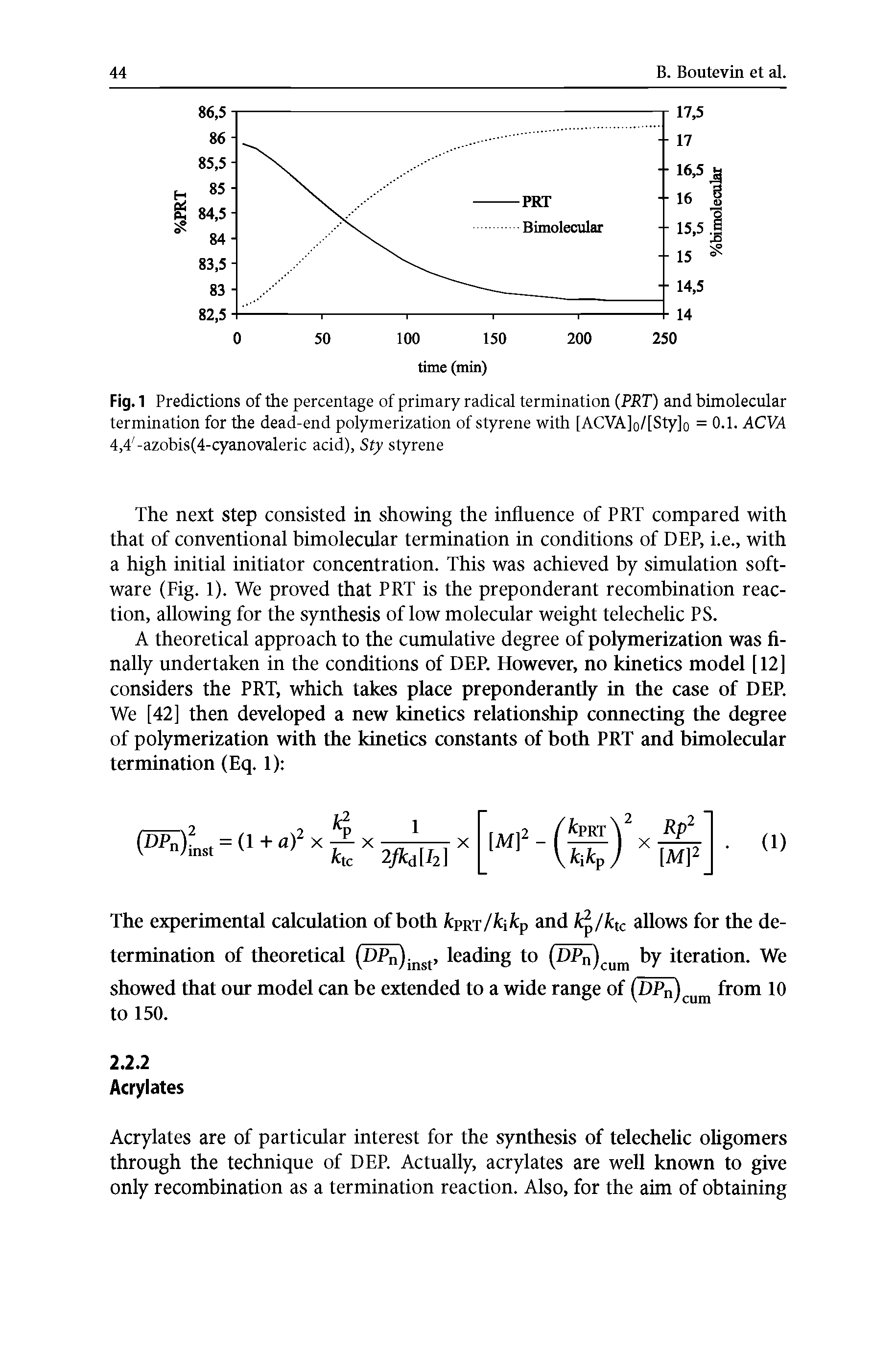 Fig. 1 Predictions of the percentage of primary radical termination (PRT) and bimolecular termination for the dead-end polymerization of styrene with [ACVA]o/[Sty]o = 0.1. ACVA 4,4 -azobis(4-cyanovaleric acid), Sty styrene...