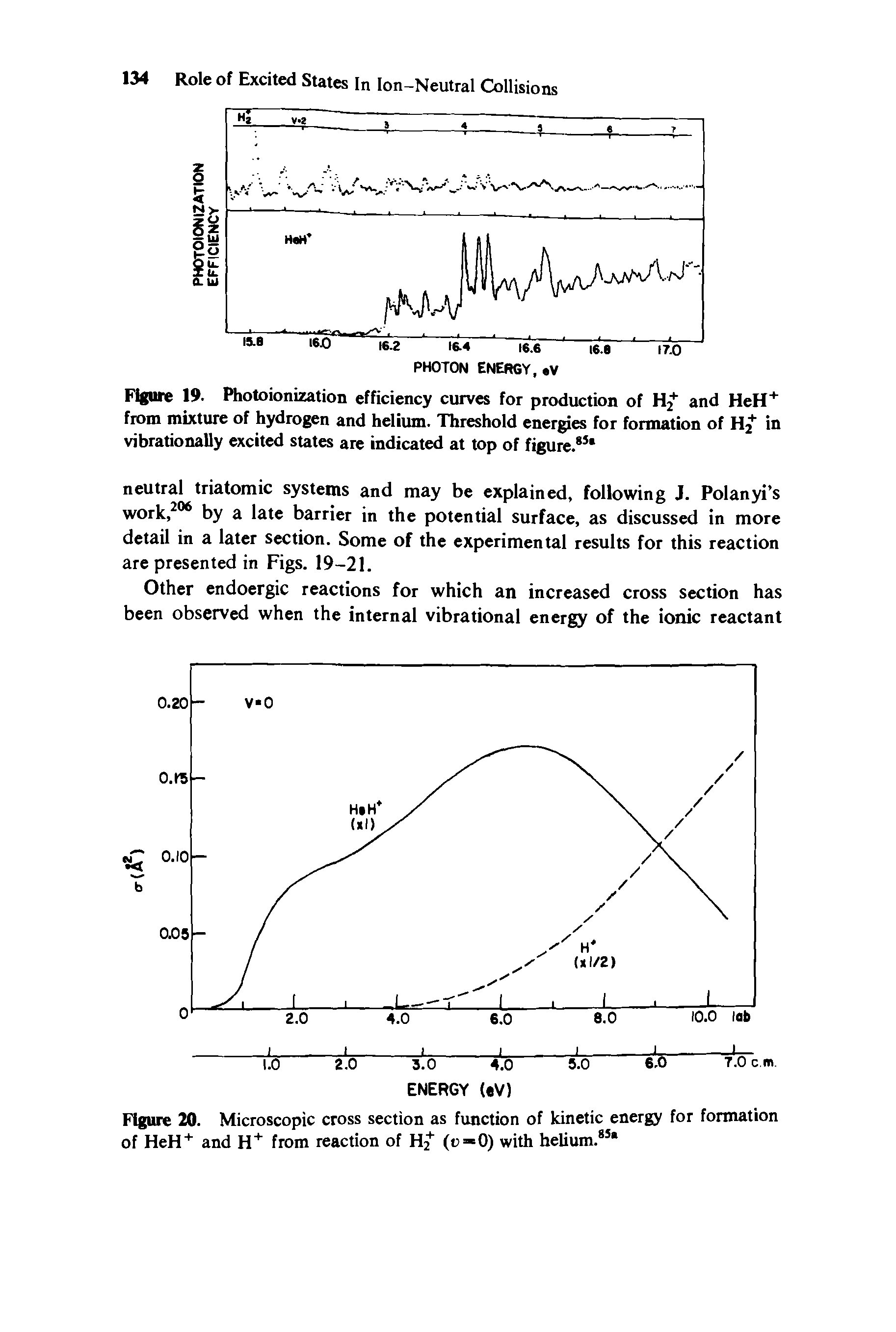 Figure 19- Photoionization efficiency curves for production of H2+ and HeH+ from mixture of hydrogen and helium. Threshold energies for formation of Hj" in vibrationally excited states are indicated at top of figure.85 ...