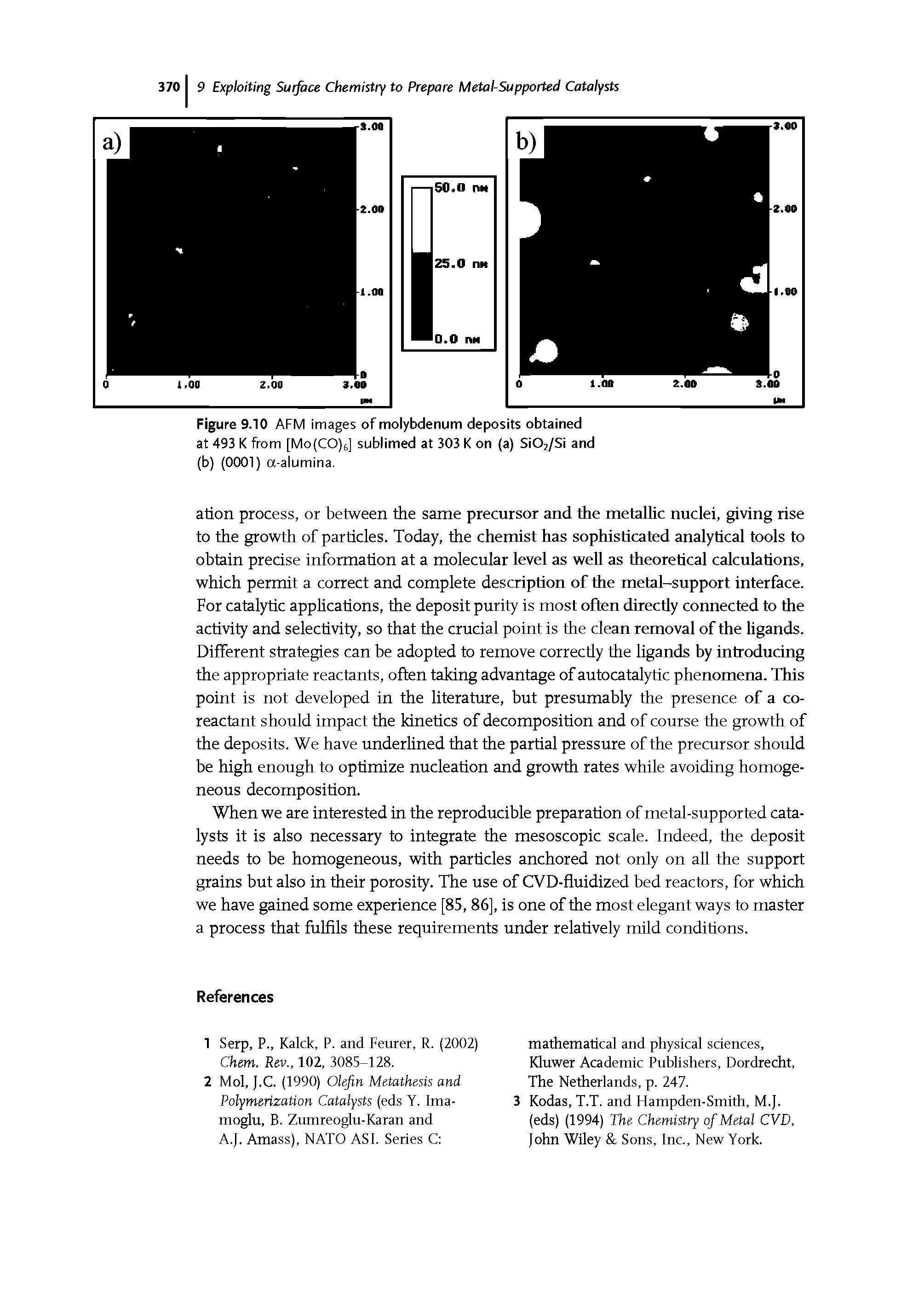 Figure 9.10 AFM images of molybdenum deposits obtained at 493 K from [Mo(CO)6] sublimed at 303 K on (a) Si02/Si and (b) (0001) a-alumina.