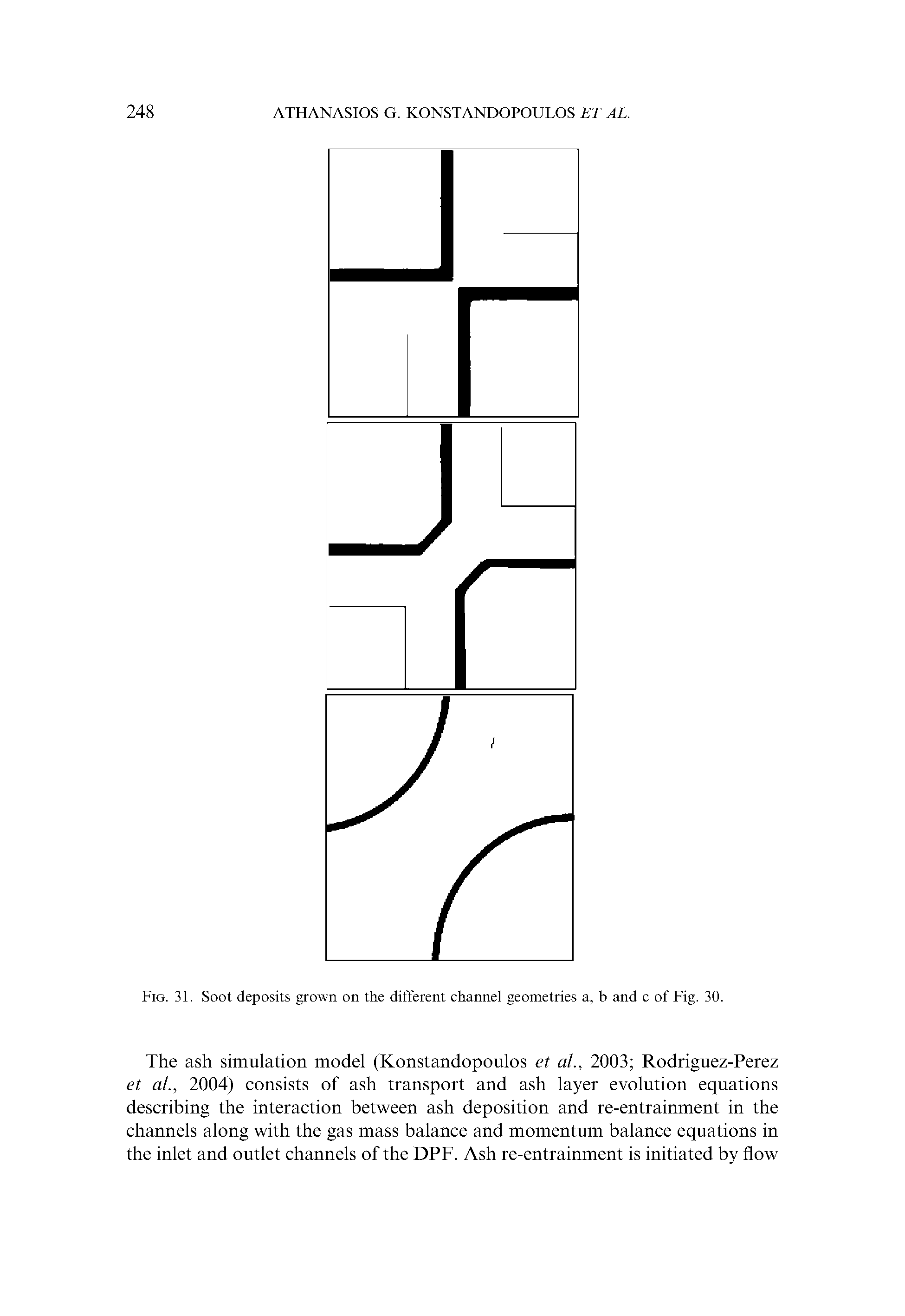 Fig. 31. Soot deposits grown on the different channel geometries a, b and c of Fig. 30.