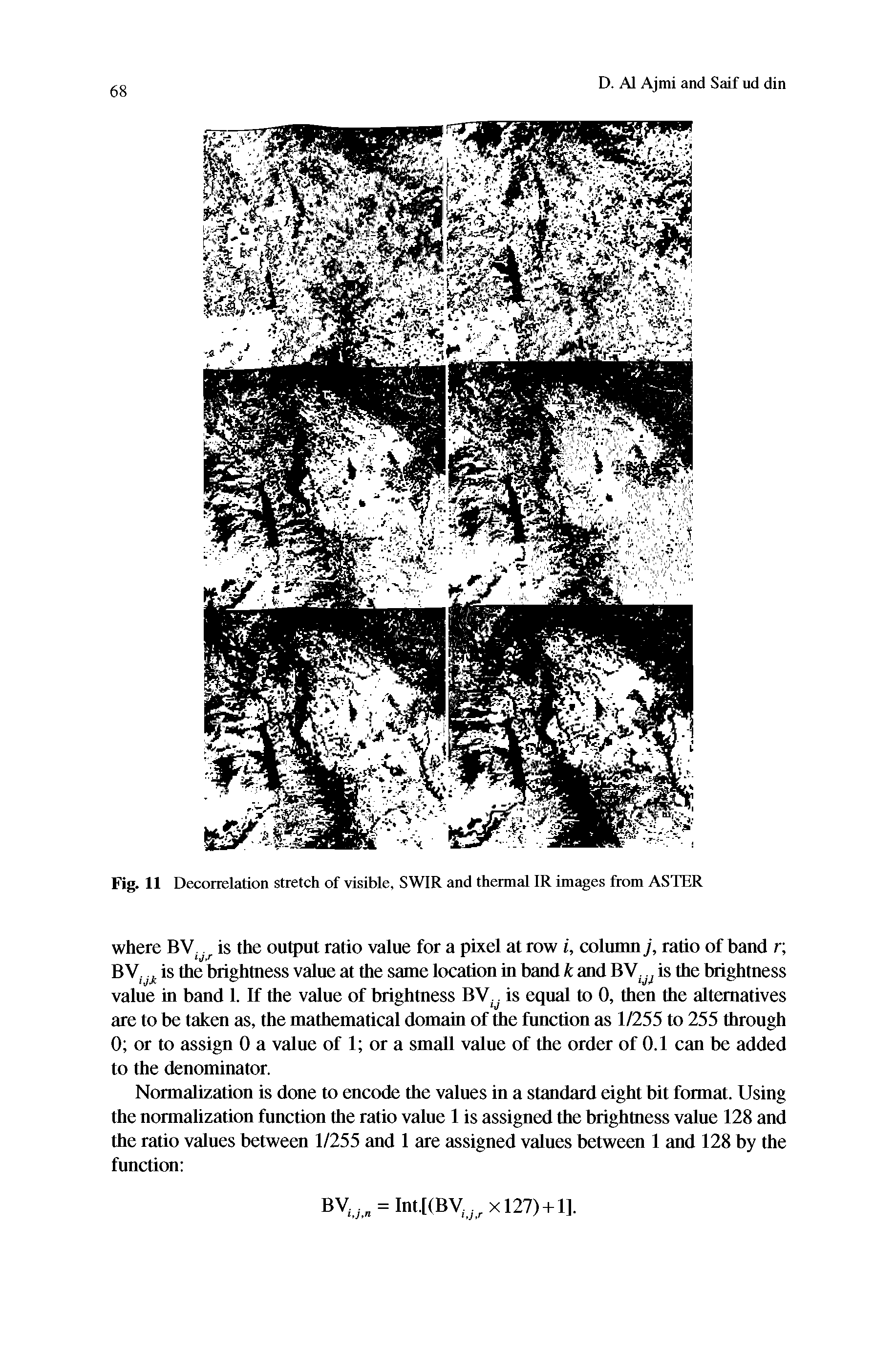 Fig. 11 Decorrelation stretch of visible, SWIR and thermal IR images from ASTER...