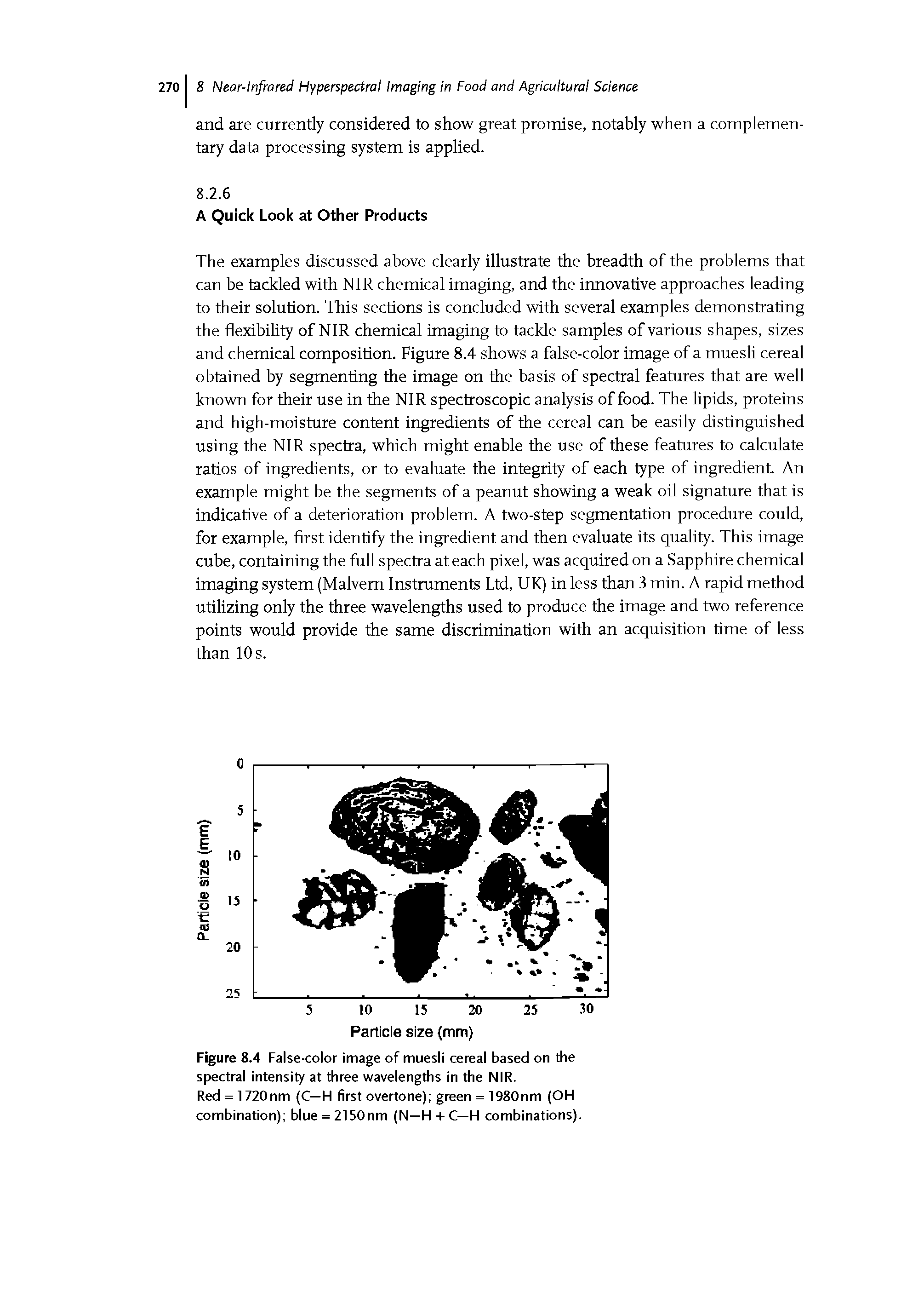 Figure 8.4 False-color image of muesli cereal based on the spectral intensity at three wavelengths in the NIR.