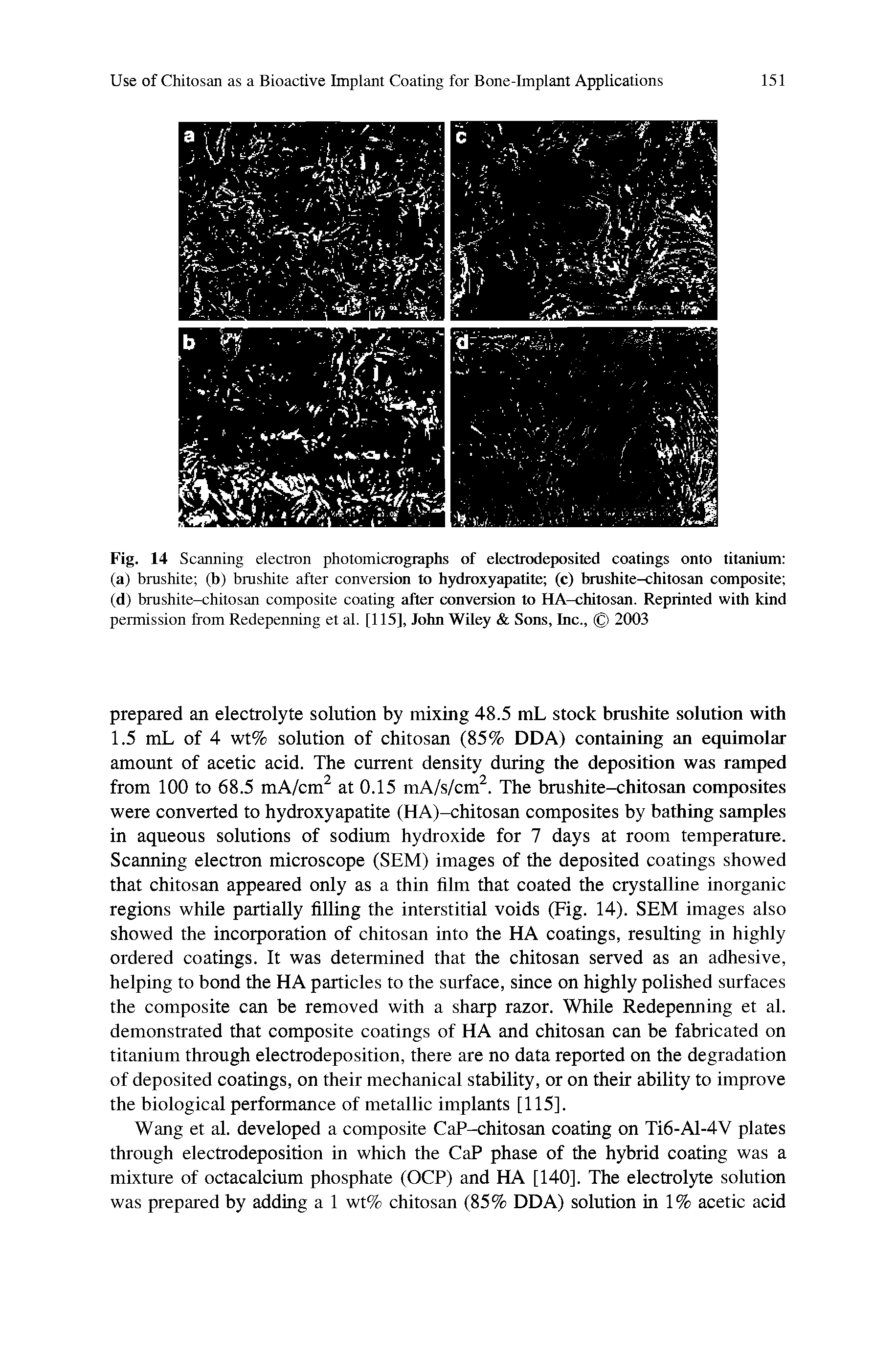 Fig. 14 Scanning electron photomicrographs of electrodeposited coatings onto titanium (a) brushite (b) bmshite after conversion to hydroxyapatite (c) brushite-chitosan composite (d) brushite-chitosan composite coating after conversion to HA-chitosan. Reprinted with kind permission from Redepenning et al. [115], John Wiley Sons, Inc., 2003...