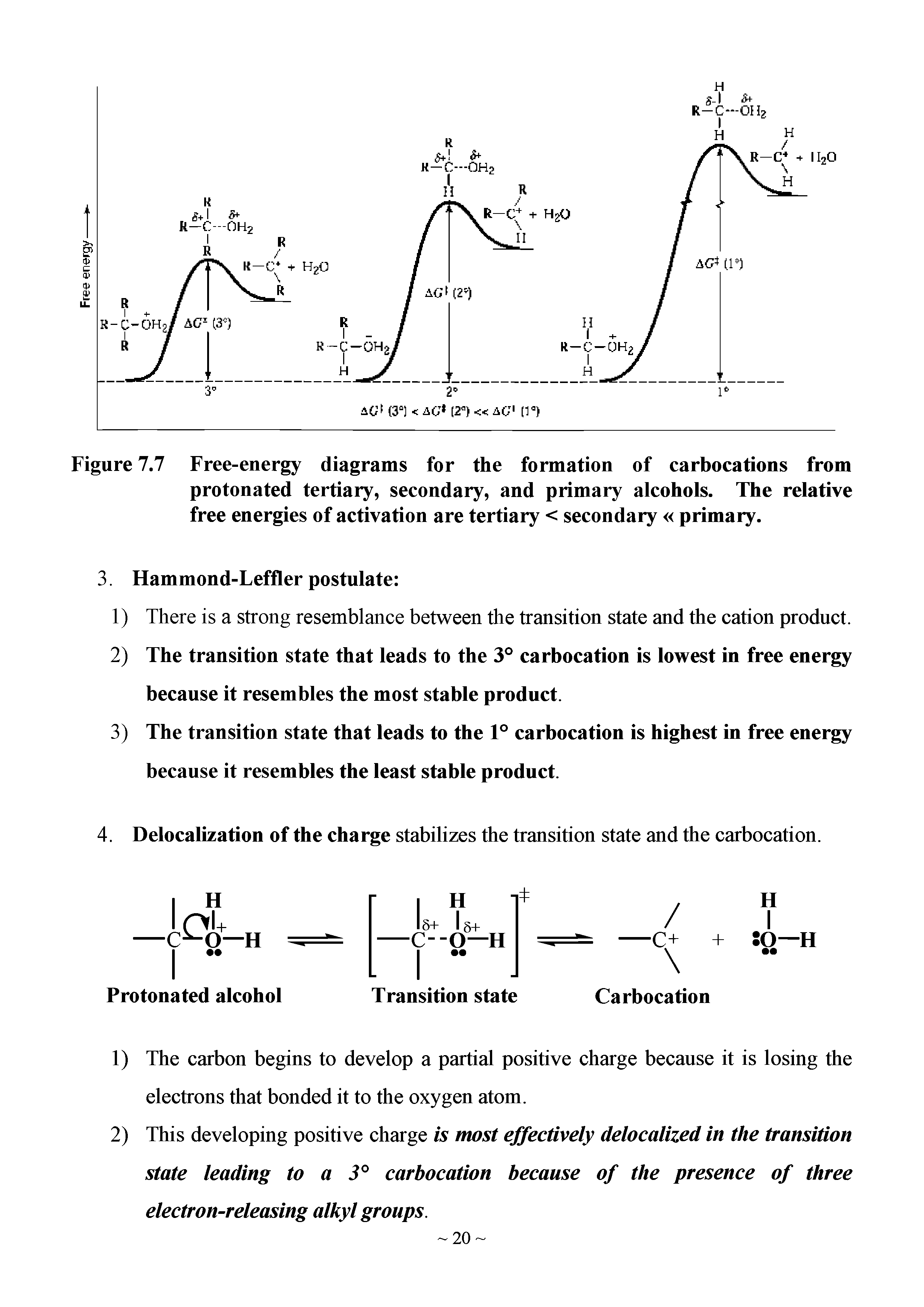 Figure 7.7 Free-energy diagrams for the formation of carbocations from protonated tertiary, secondary, and primary alcohols. The relative free energies of activation are tertiary < secondary primary.