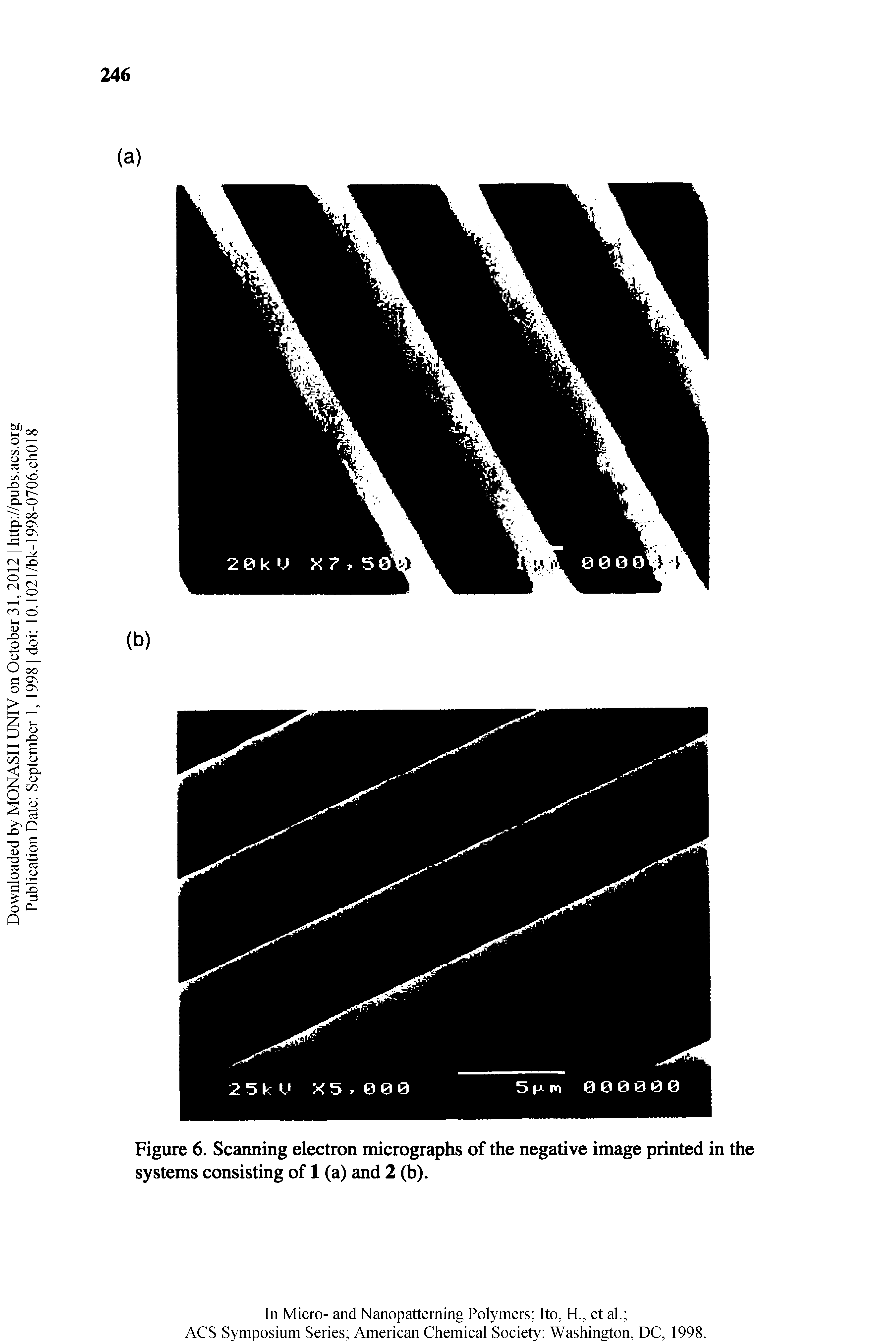 Figure 6. Scanning electron micrographs of the negative image printed in the systems consisting of 1 (a) and 2 (b).