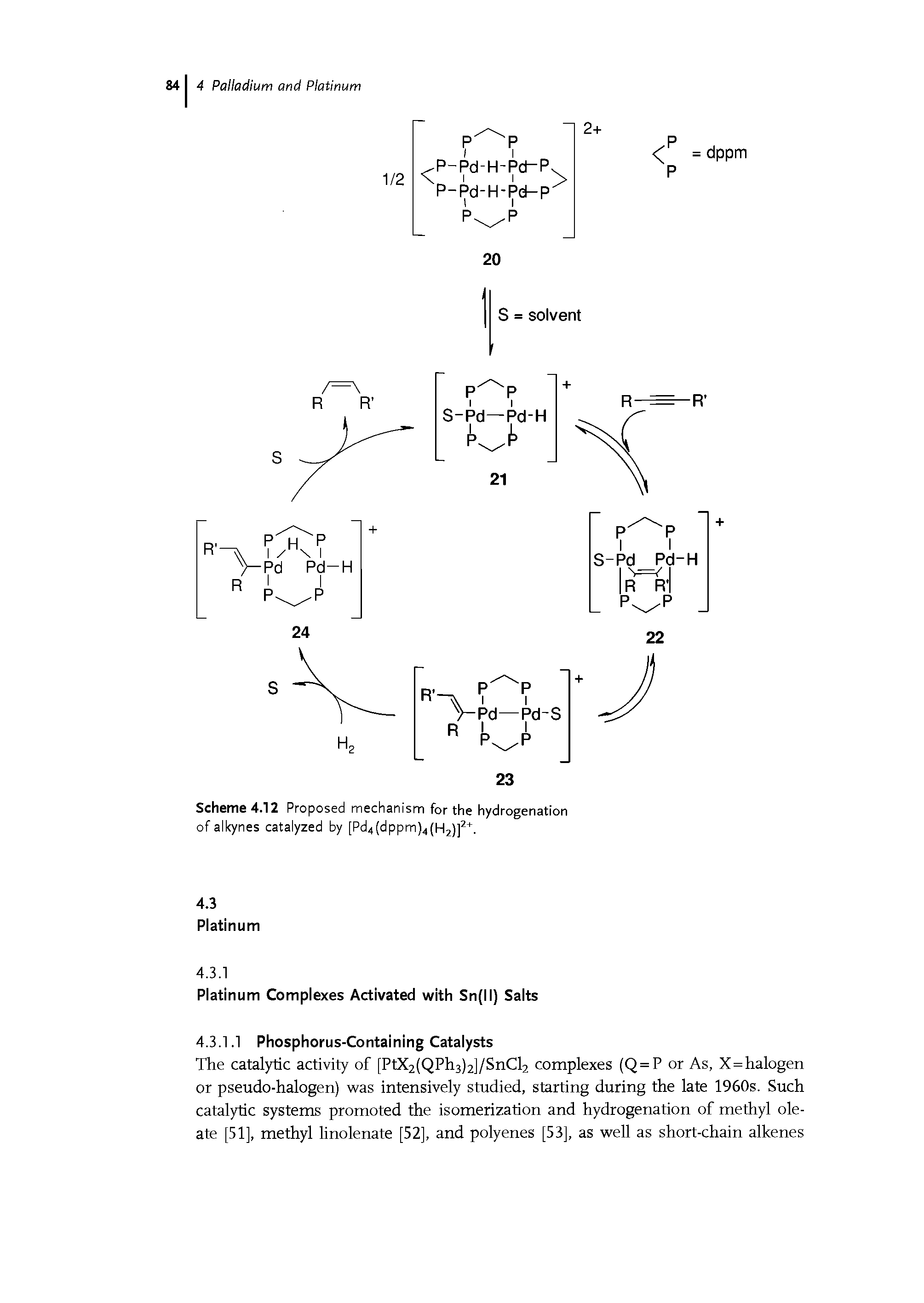 Scheme 4.12 Proposed mechanism for the hydrogenation of alkynes catalyzed by [Pd4(dppm)4(H2)]2+.