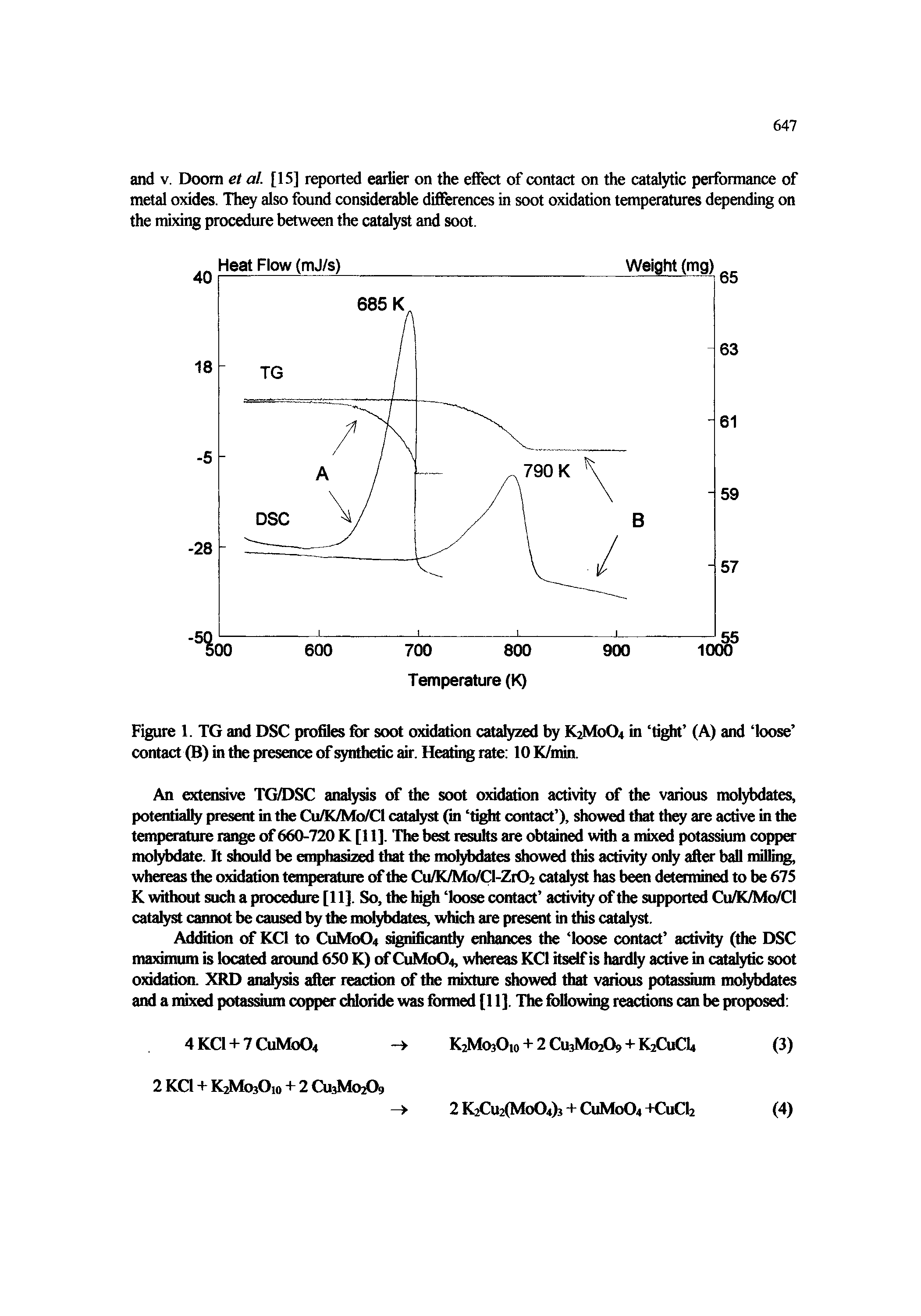 Figure 1. TG and DSC profiles firr soot oxidation catalyzed by K2M0O4 in tigjit (A) and loose contact (B) in the presence of iqmthetic air. Heating rate 10 K/min.