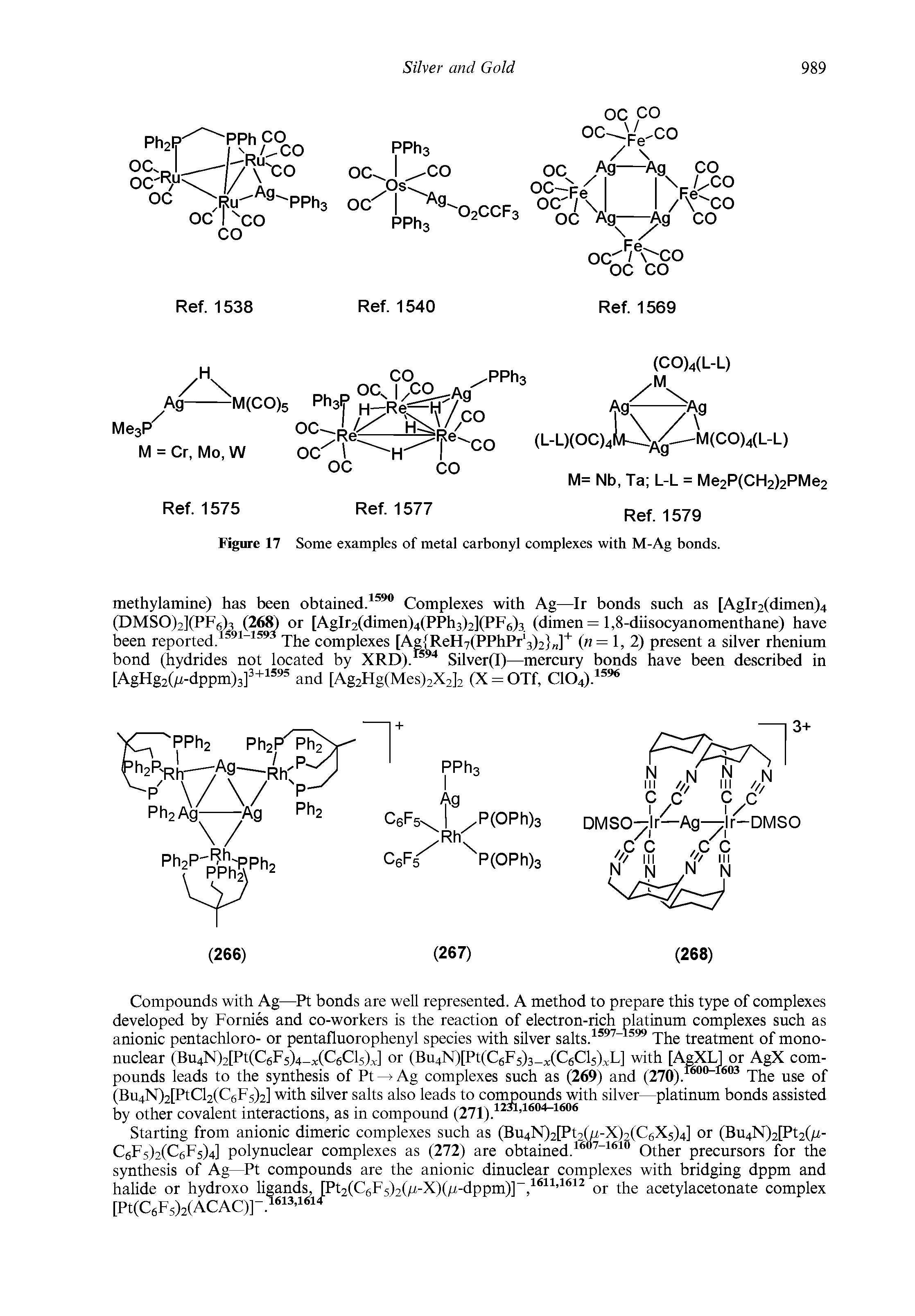Figure 17 Some examples of metal carbonyl complexes with M-Ag bonds.