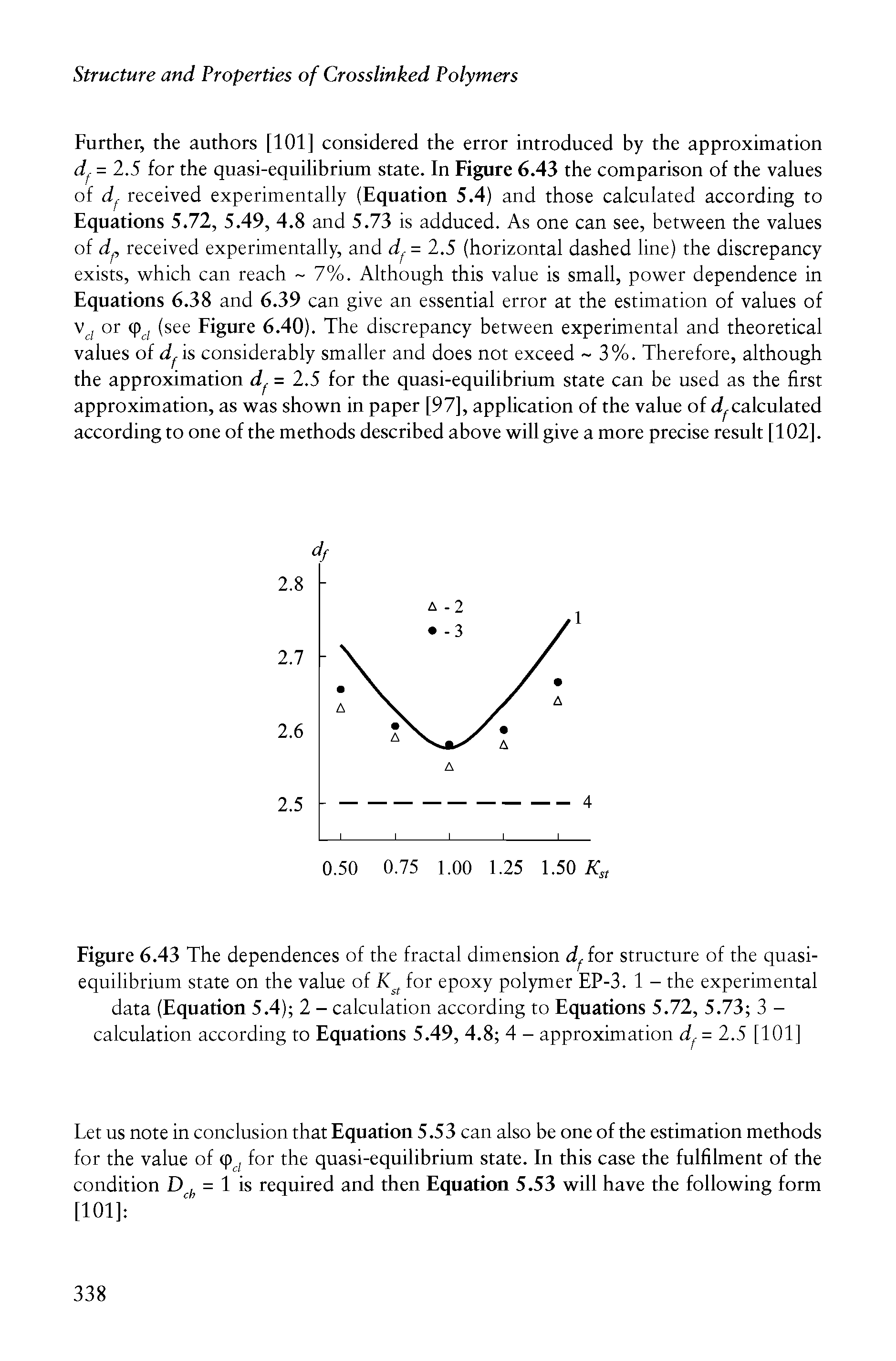 Figure 6.43 The dependences of the fractal dimension d for structure of the quasiequilibrium state on the value of for epoxy polymer EP-3. 1 - the experimental data (Equation 5.4) 2 - calculation according to Equations 5.72, 5.73 3 -calculation according to Equations 5.49, 4.8 4 - approximation d = 2.5 [101]...