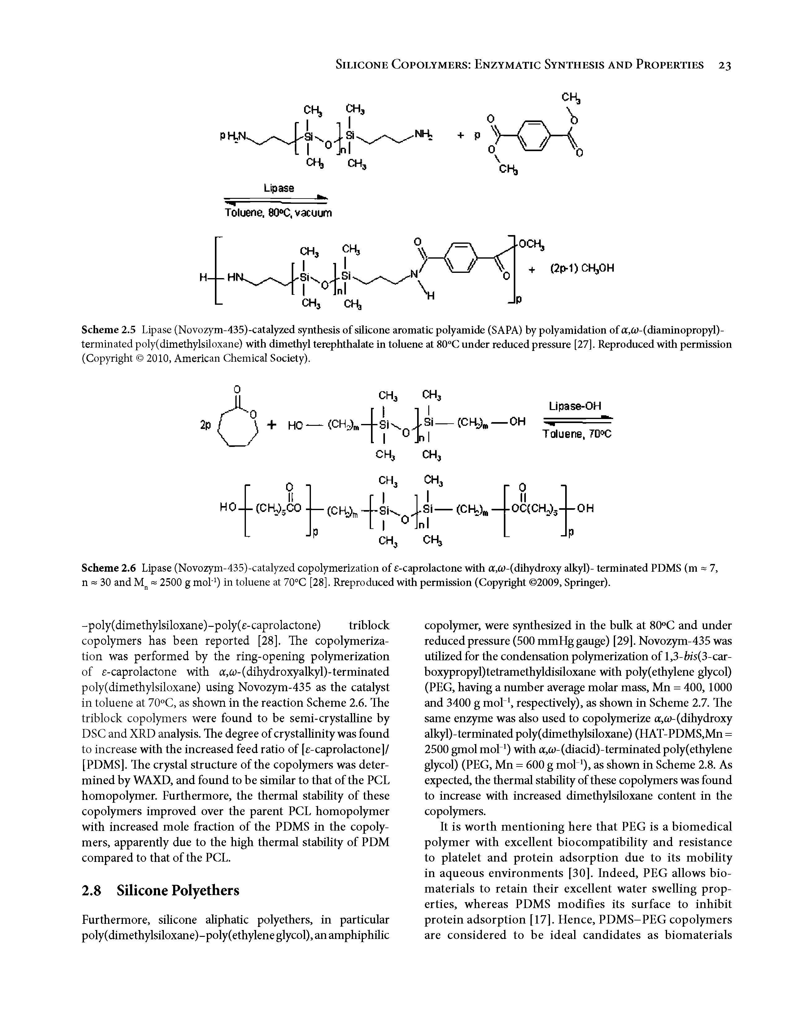 Scheme 2.5 Lipase (Novozym-435)-catalyzed synthesis of silicone aromatic polyamide (SAPA) by polyamidation of a,W-(diaminopropyl)-terminated poly(dimethylsiloxane) with dimethyl terephthalate in toluene at 80°C imder reduced pressure [27]. Reproduced with permission...