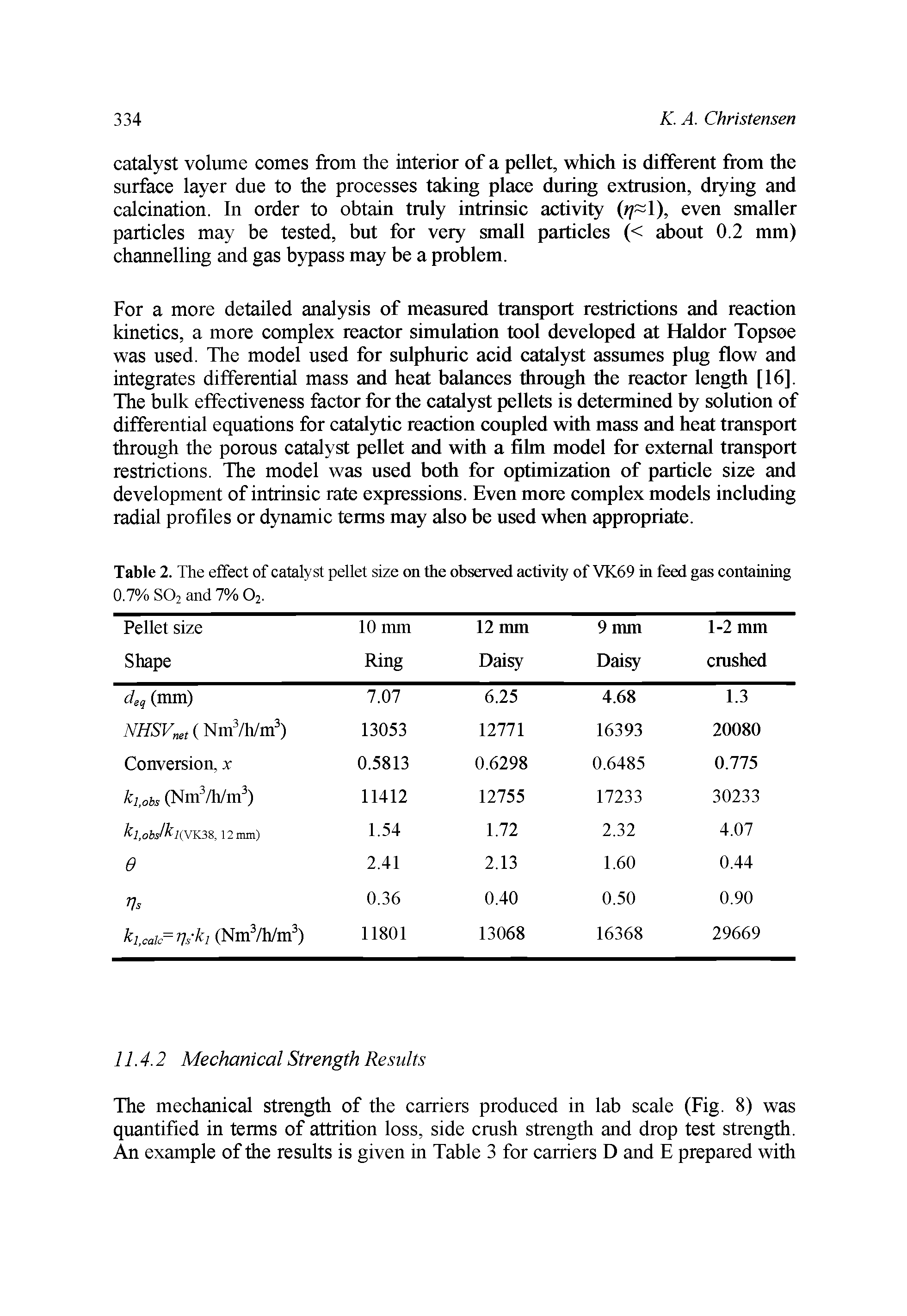 Table 2. The effect of catalyst pellet size on the observed activity of VK69 in feed gas containing 0.7% S02 and 7% 02.