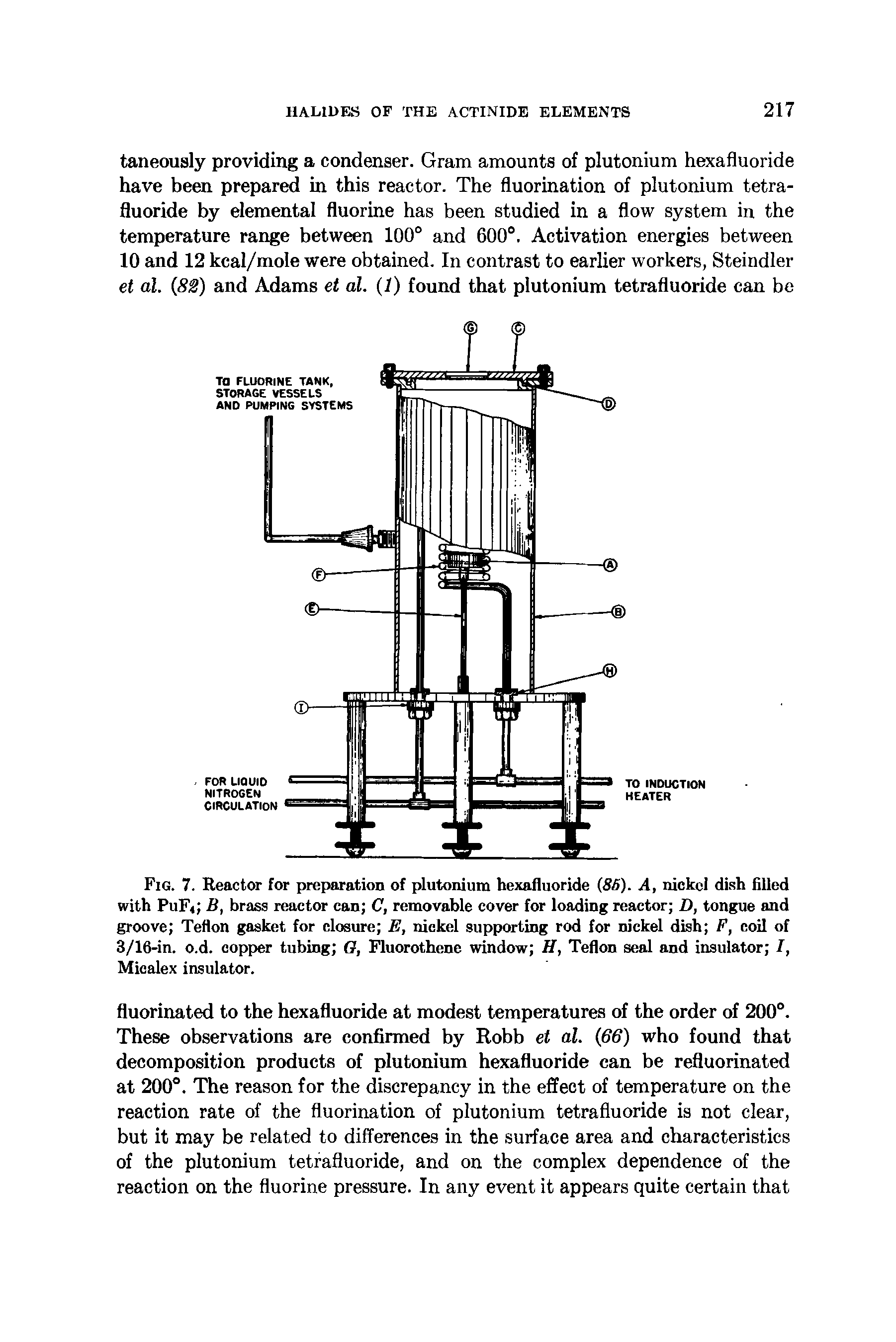 Fig. 7. Reactor for preparation of plutonium hexafluoride (86). A, nickel dish filled with PuF< B, brass reactor can C, removable cover for loading reactor D, tongue and groove Teflon gasket for closure E, nickel supporting rod for nickel dish F, coil of 3/16-in. o.d. copper tubing G, Fluorothene window H, Teflon seal and insulator I, Micalex insulator.