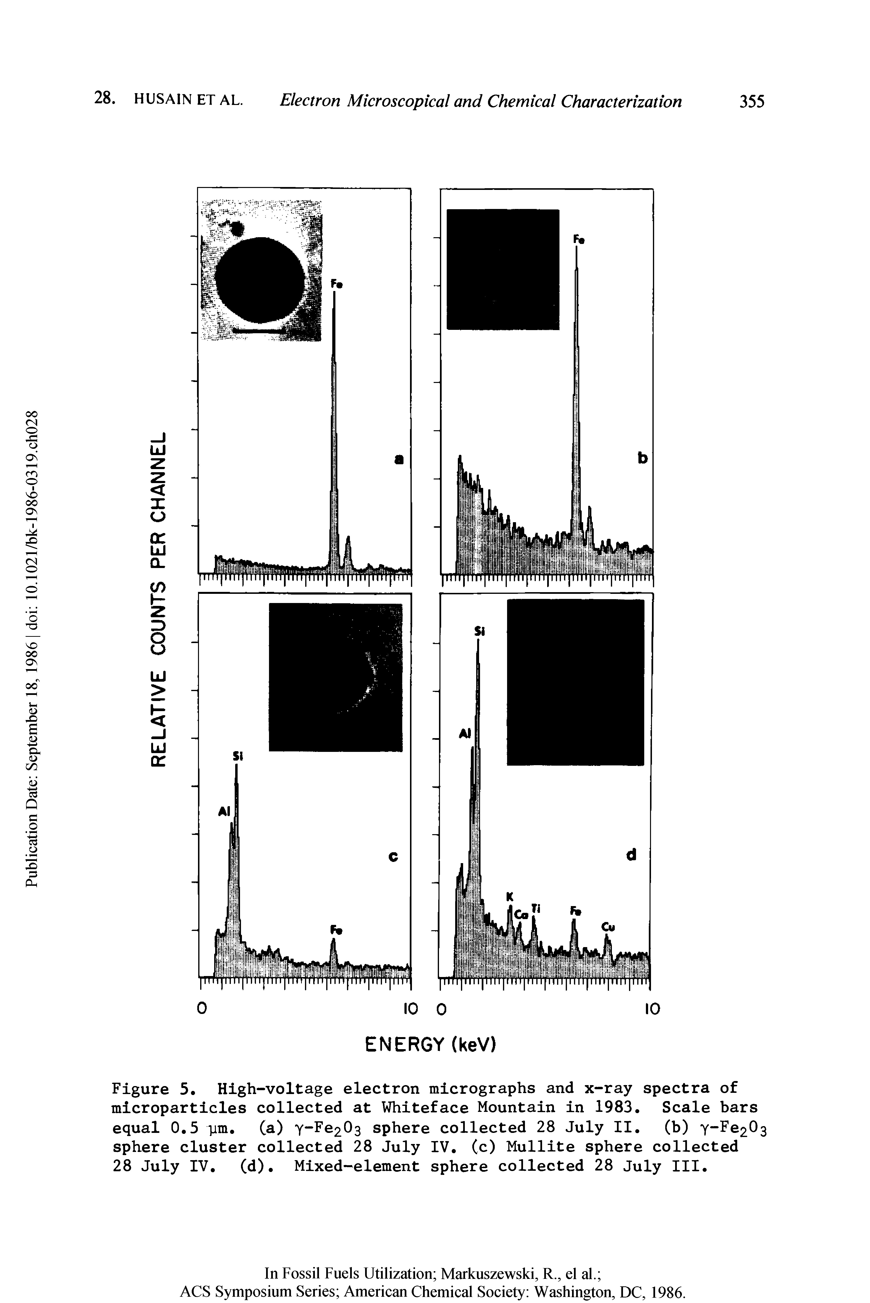 Figure 5. High-voltage electron micrographs and x-ray spectra of microparticles collected at Whiteface Mountain in 1983. Scale bars equal 0.5 pm. (a) y-Fe203 sphere collected 28 July II. (b) y-Fe203 sphere cluster collected 28 July IV. (c) Mullite sphere collected 28 July IV. (d). Mixed-element sphere collected 28 July III.