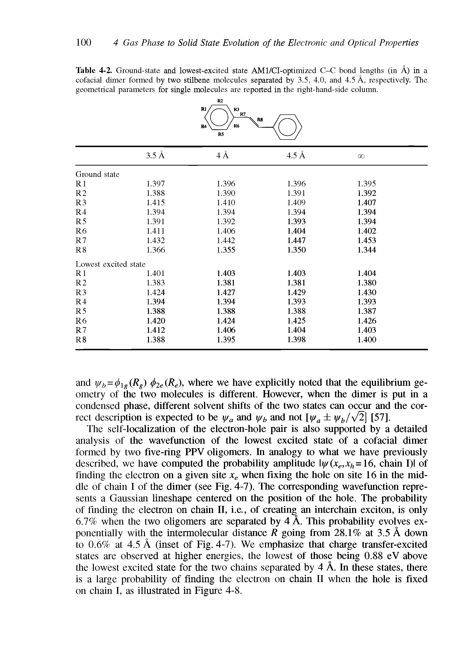 Table 4-2. Ground -state and lowest-excited state AMl/CI-optimized C-C bond lengths (in A) in a cofacial dimer formed by two stilbene molecules separated by 3.5, 4.0, and 4.5 A, respectively. The geometrical parameters for single molecules are reported in the right-hand-side column.