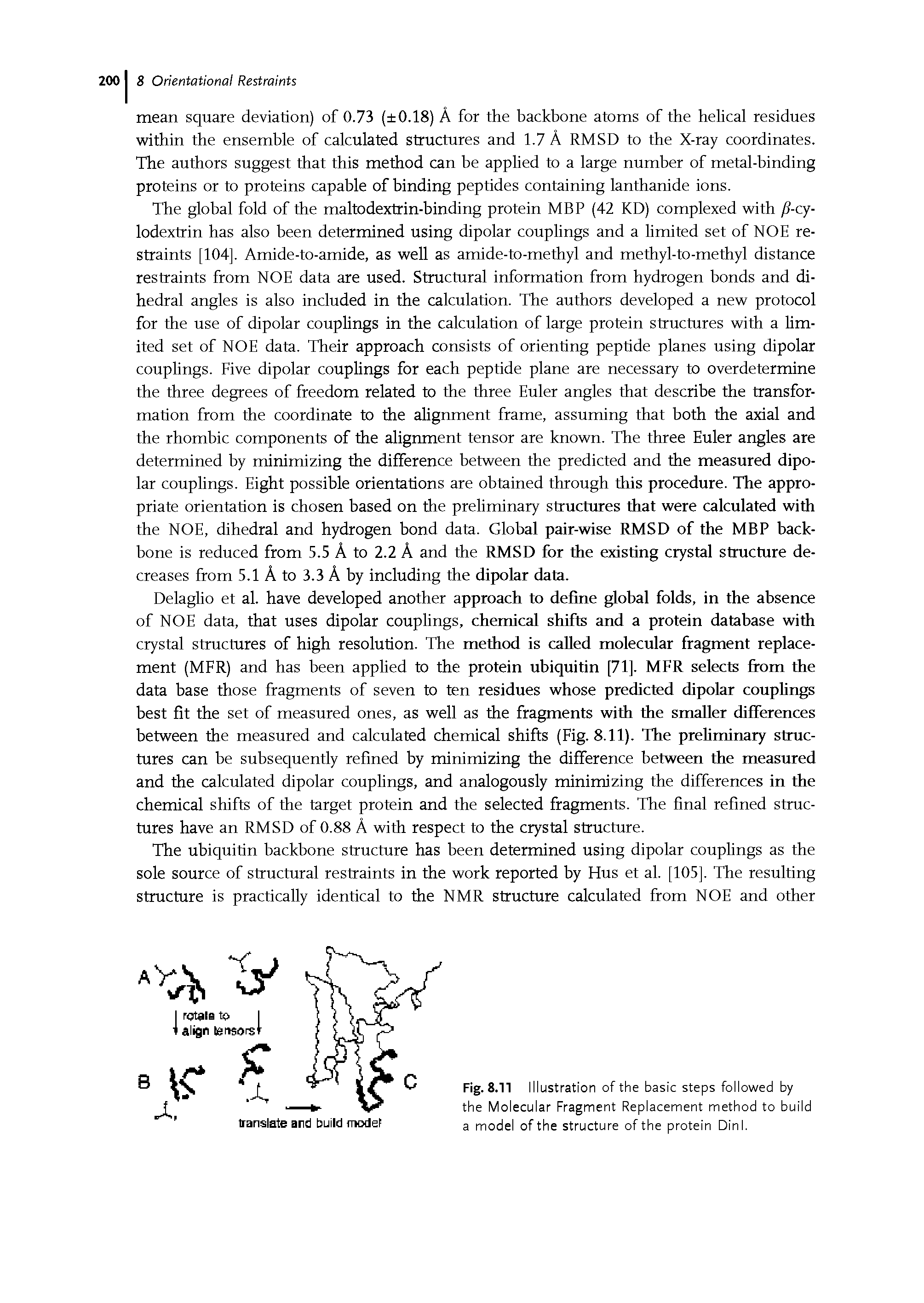 Fig. 8.11 Illustration of the basic steps followed by the Molecular Fragment Replacement method to build a model of the structure of the protein Dinl.