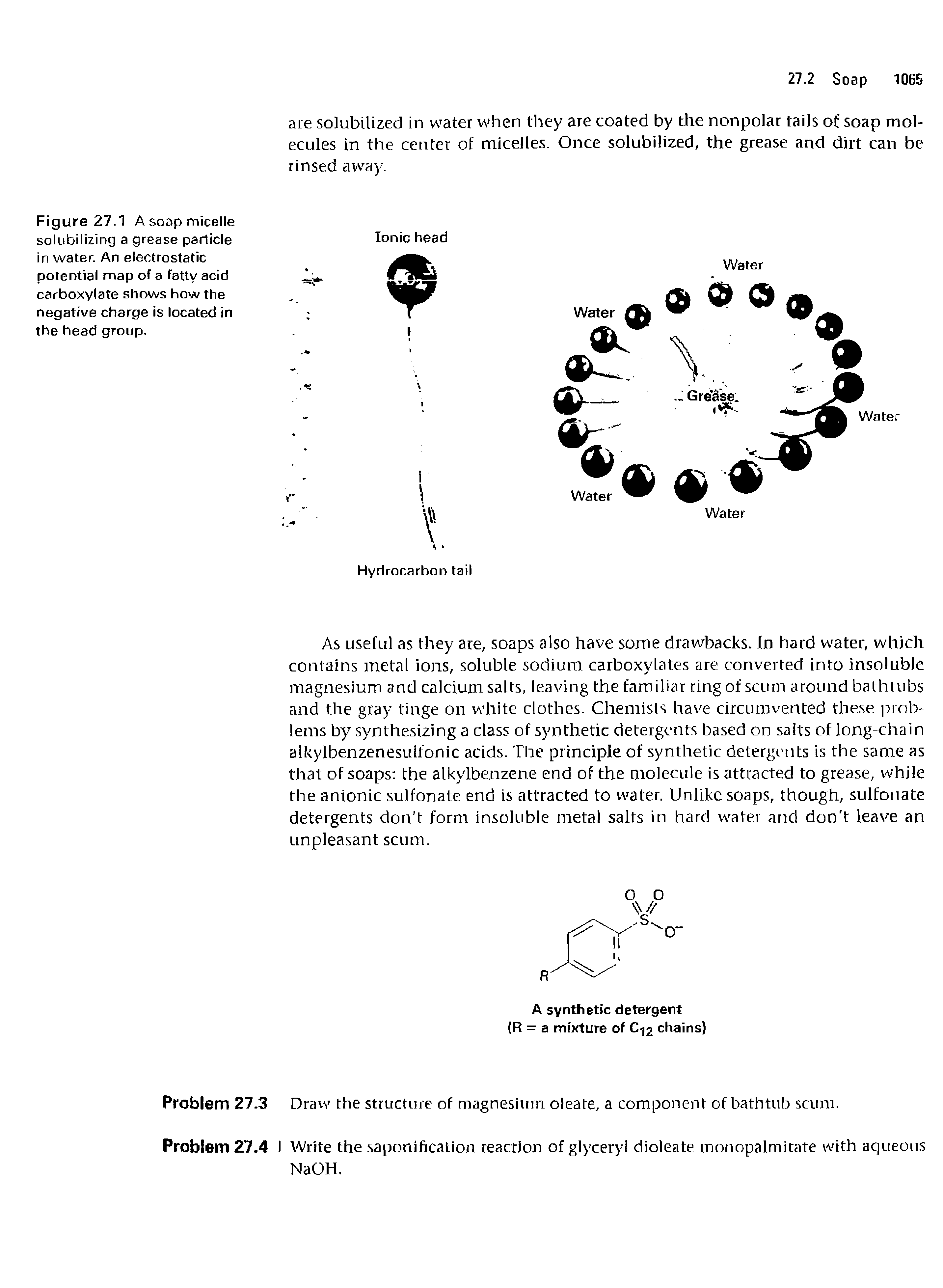 Figure 27.1 A soap micelle solubilizing a grease particle in water. An electrostatic potential map of a fatty acid carboxylate shows how the negative charge is located in the head group.