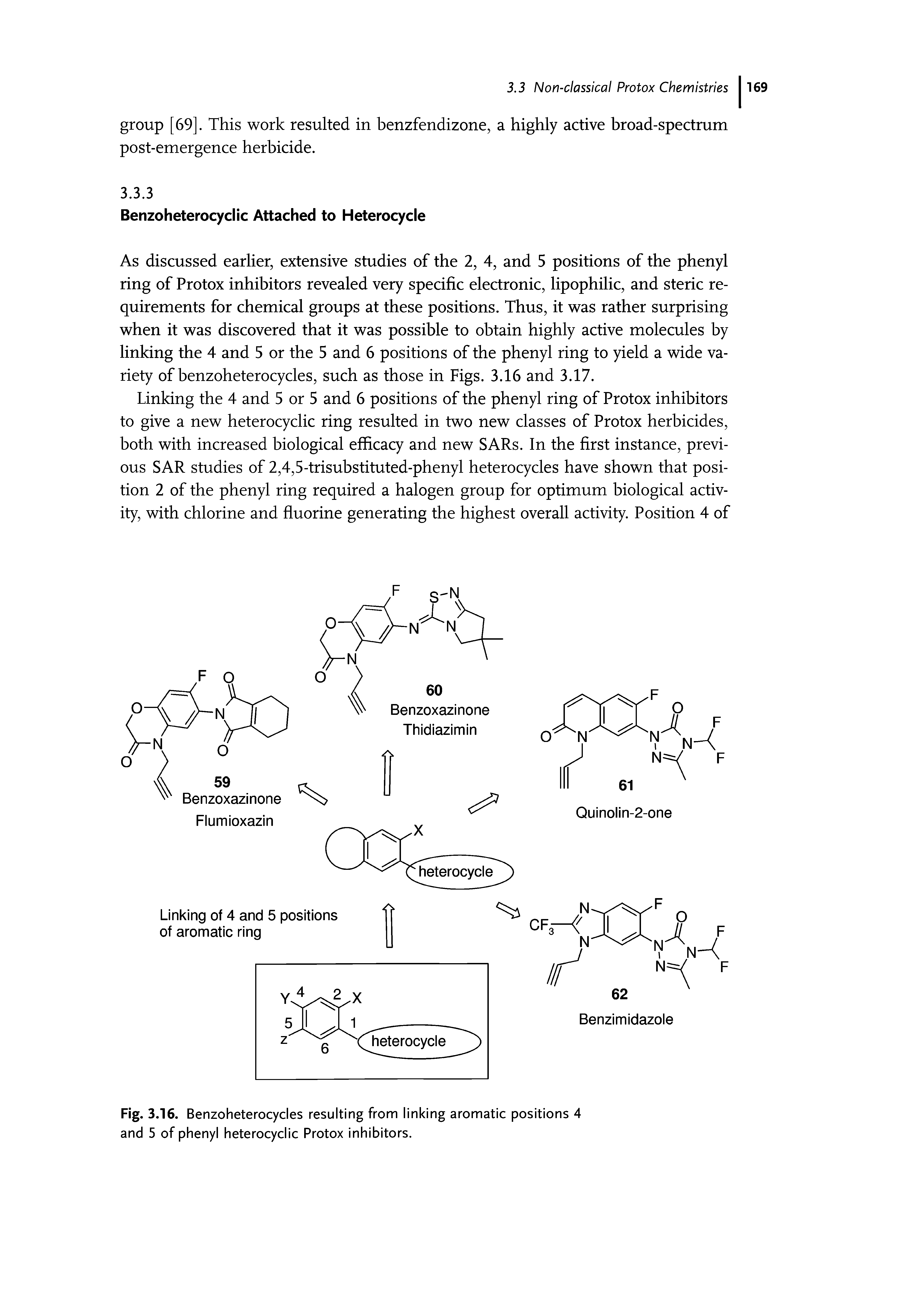 Fig. 3.16. Benzoheterocycles resulting from linking aromatic positions 4 and 5 of phenyl heterocyclic Protox inhibitors.