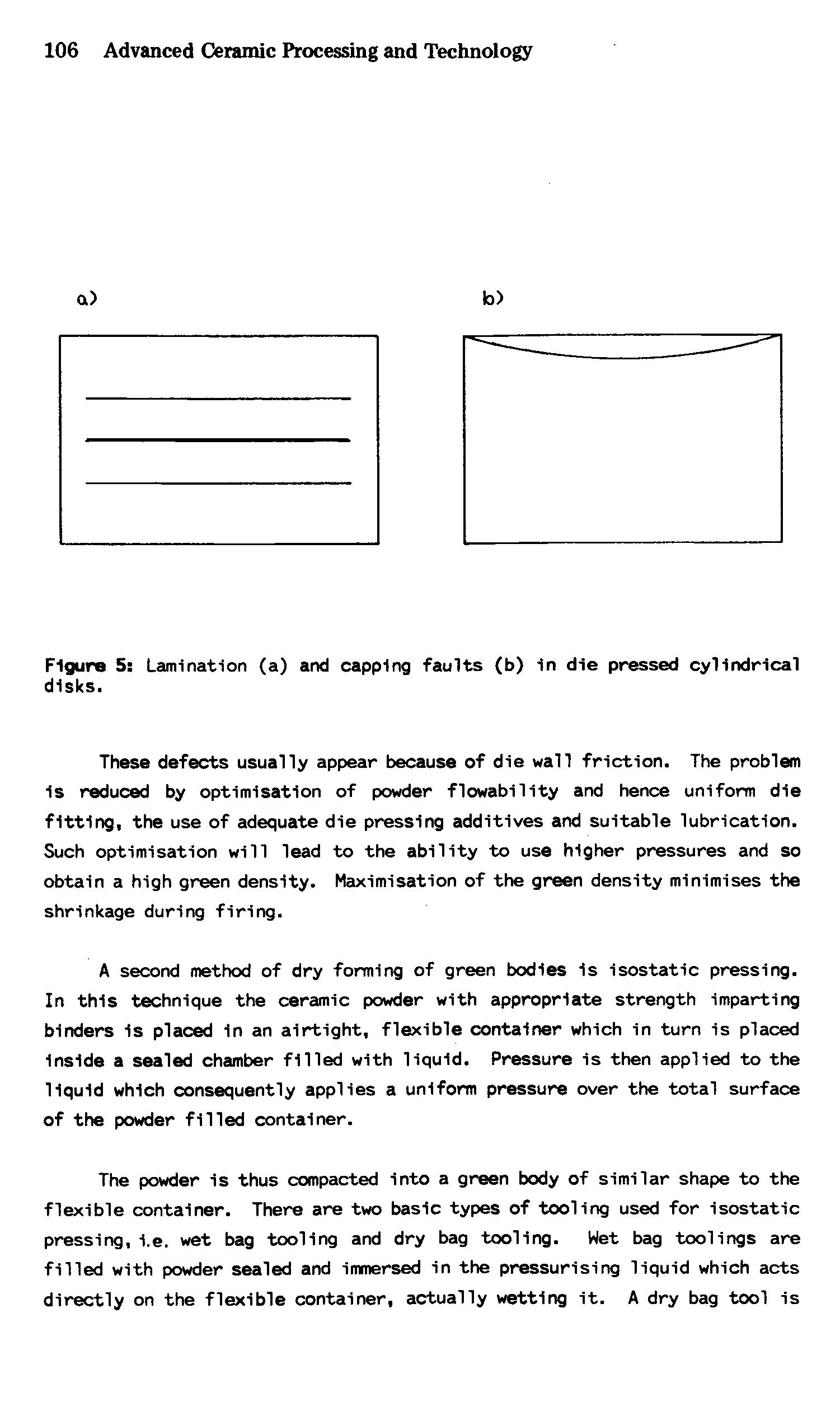 Figure 5 Leunination (a) and capping faults (b) 1n die pressed cylindrical disks.