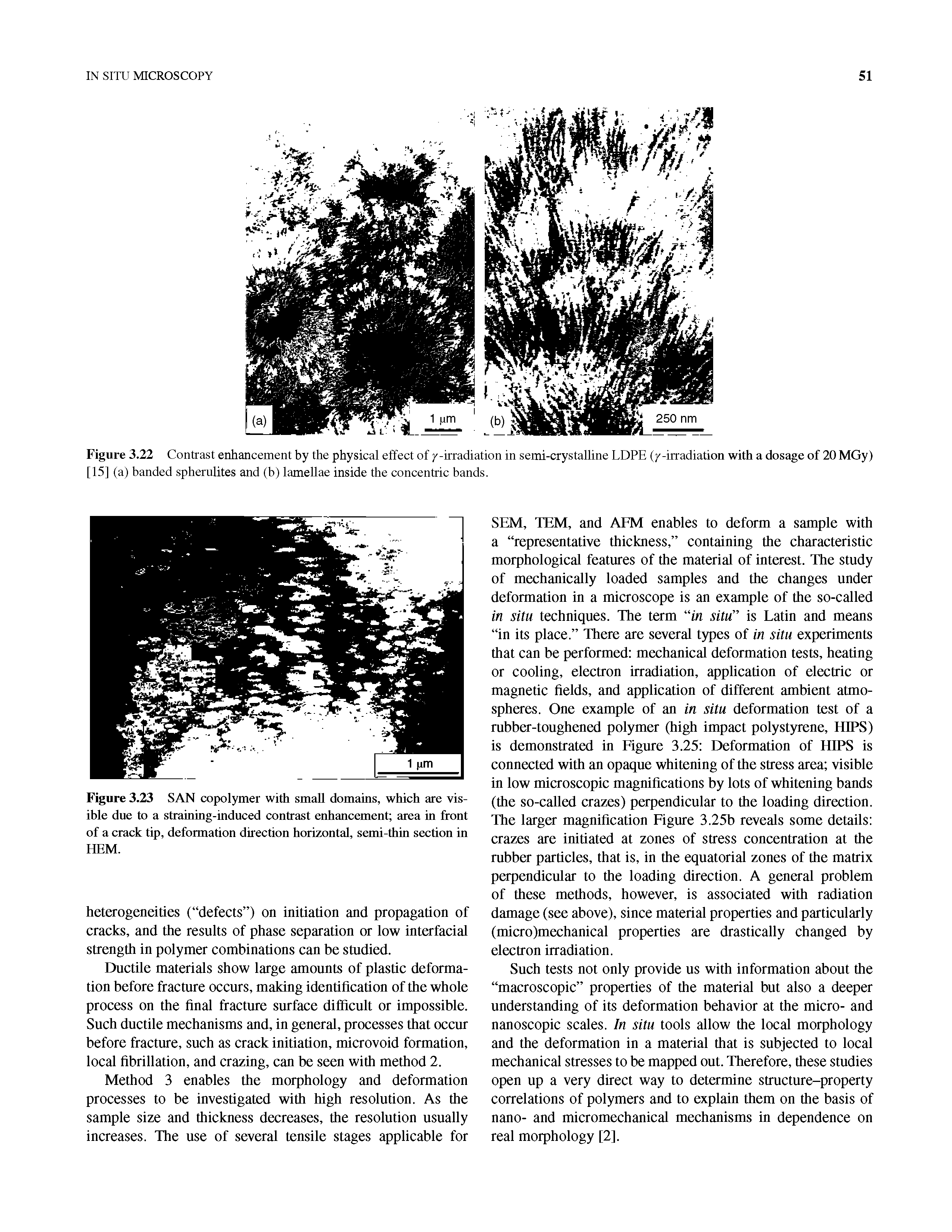 Figure 3.23 SAN copolymer with small domains, which are visible due to a straining-induced contrast enhancement area in front of a crack tip, deformation direction horizontal, semi-thin section in HEM.