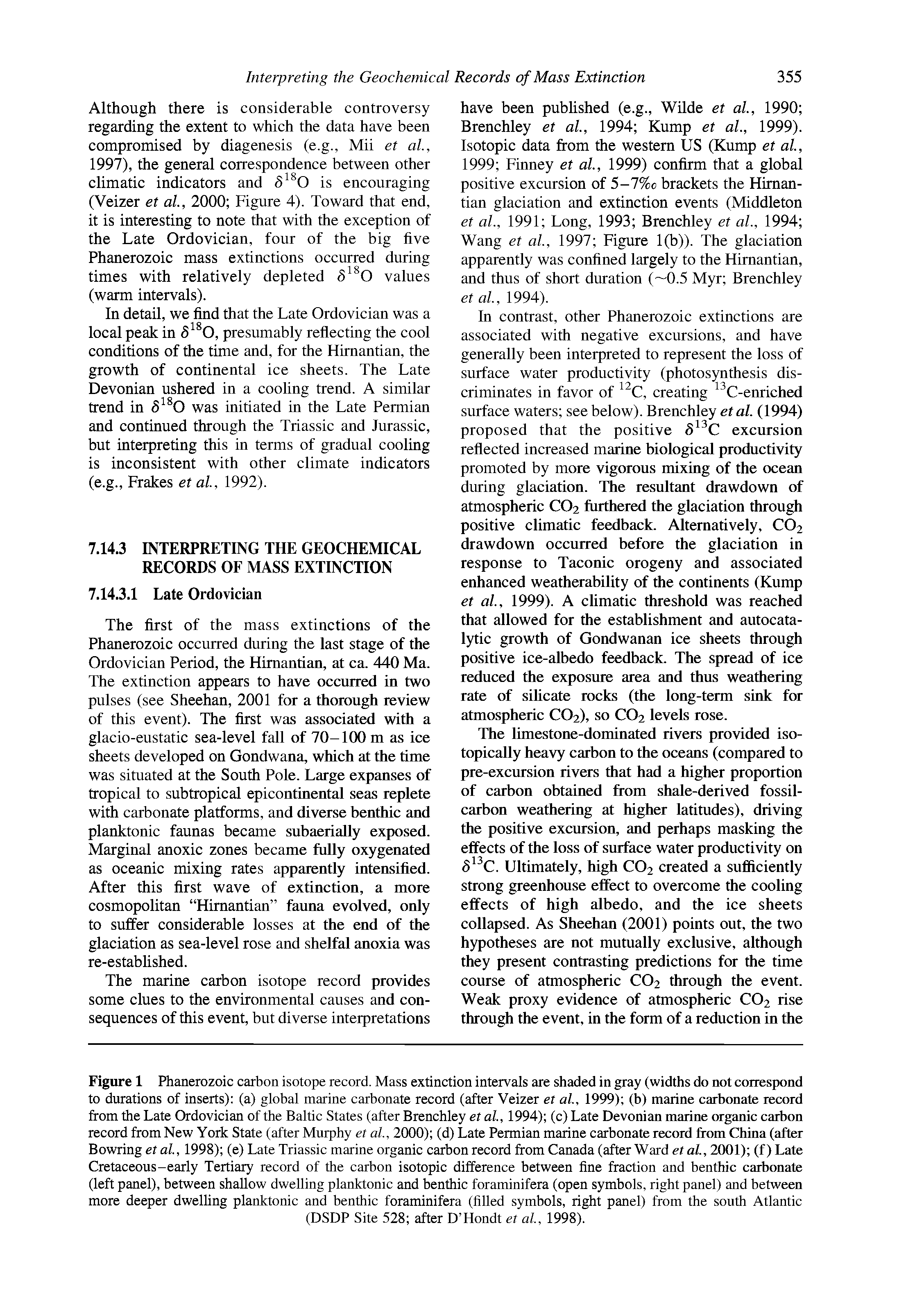Figure 1 Phanerozoic carbon isotope record. Mass extinction intervals are shaded in gray (widths do not correspond to durations of inserts) (a) global marine carbonate record (after Veizer et al, 1999) (b) marine carbonate record from the Late Ordovician of the Baltic States (after Brenchley et al, 1994) (c) Late Devonian marine organic carbon record from New York State (after Murphy et al, 2000) (d) Late Permian marine carbonate record from China (after Bowring etal, 1998) (e) Late Triassic marine organic carbon record from Canada (after Ward etal, 2001) (f)Late Cretaceous-early Tertiary record of the carbon isotopic difference between fine fraction and benthic carbonate (left panel), between shallow dwelling planktonic and benthic foraminifera (open symbols, right panel) and between more deeper dwelling planktonic and benthic foraminifera (filled symbols, right panel) from the south Atlantic...