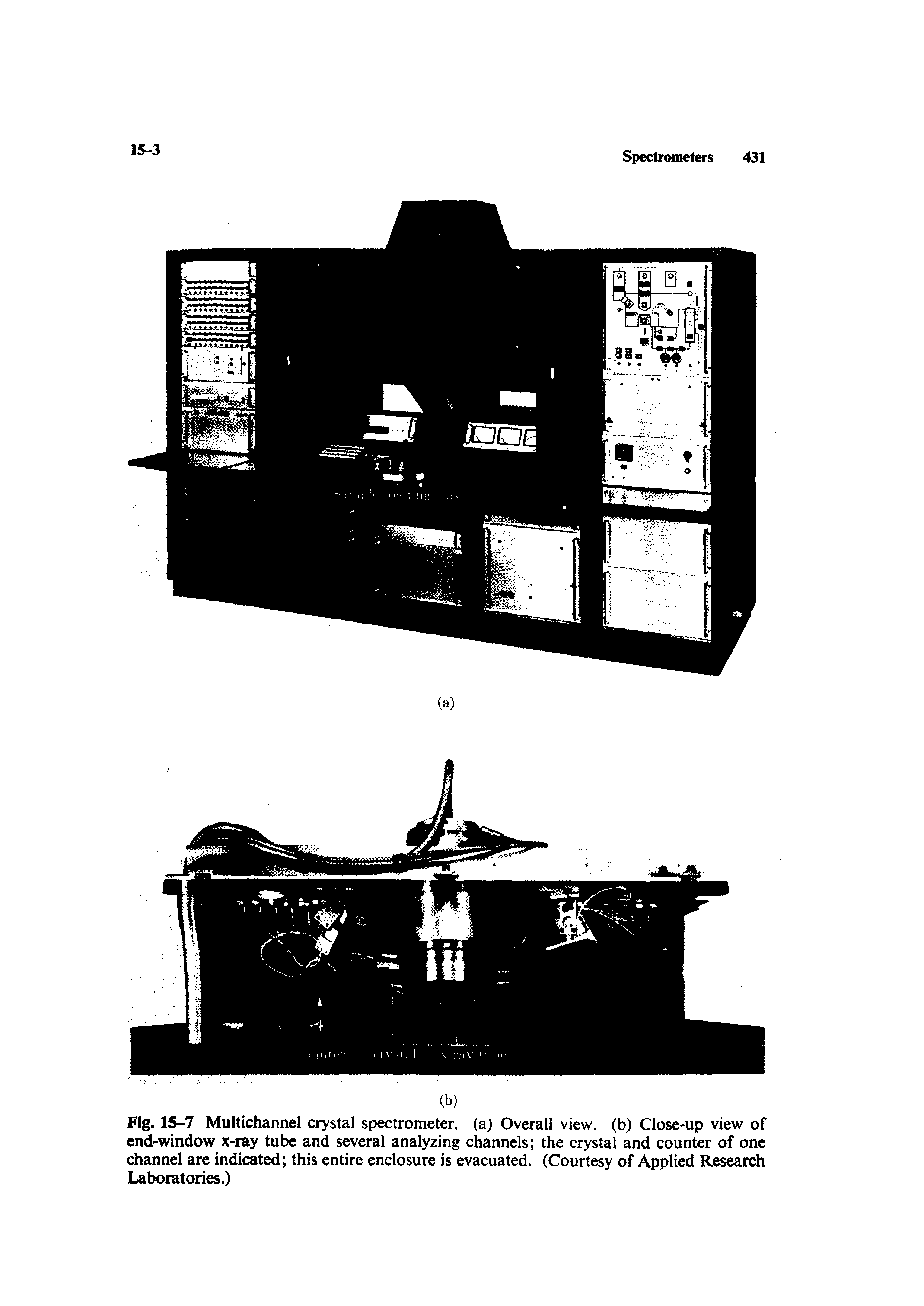 Fig. 15-7 Multichannel crystal spectrometer, (a) Overall view, (b) Close-up view of end-window x-ray tube and several analyzing channels the crystal and counter of one channel are indicated this entire enclosure is evacuated. (Courtesy of Applied Research Laboratories.)...