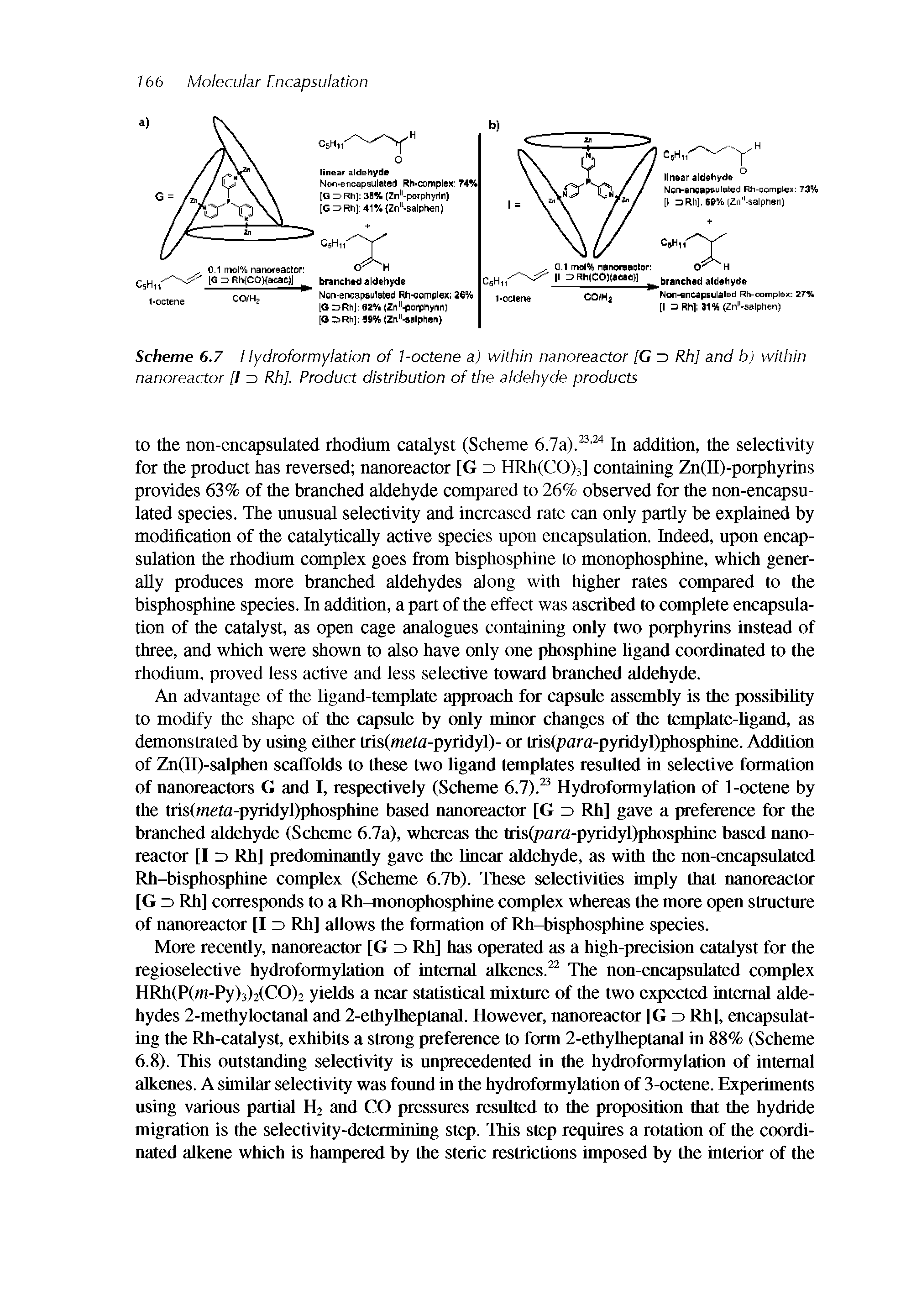Scheme 6.7 Hydroformylation of 1-octene a) within nanoreactor [G z> Rh] and b) within nanoreactor [I 3 RhJ. Product distribution of the aldehyde products...
