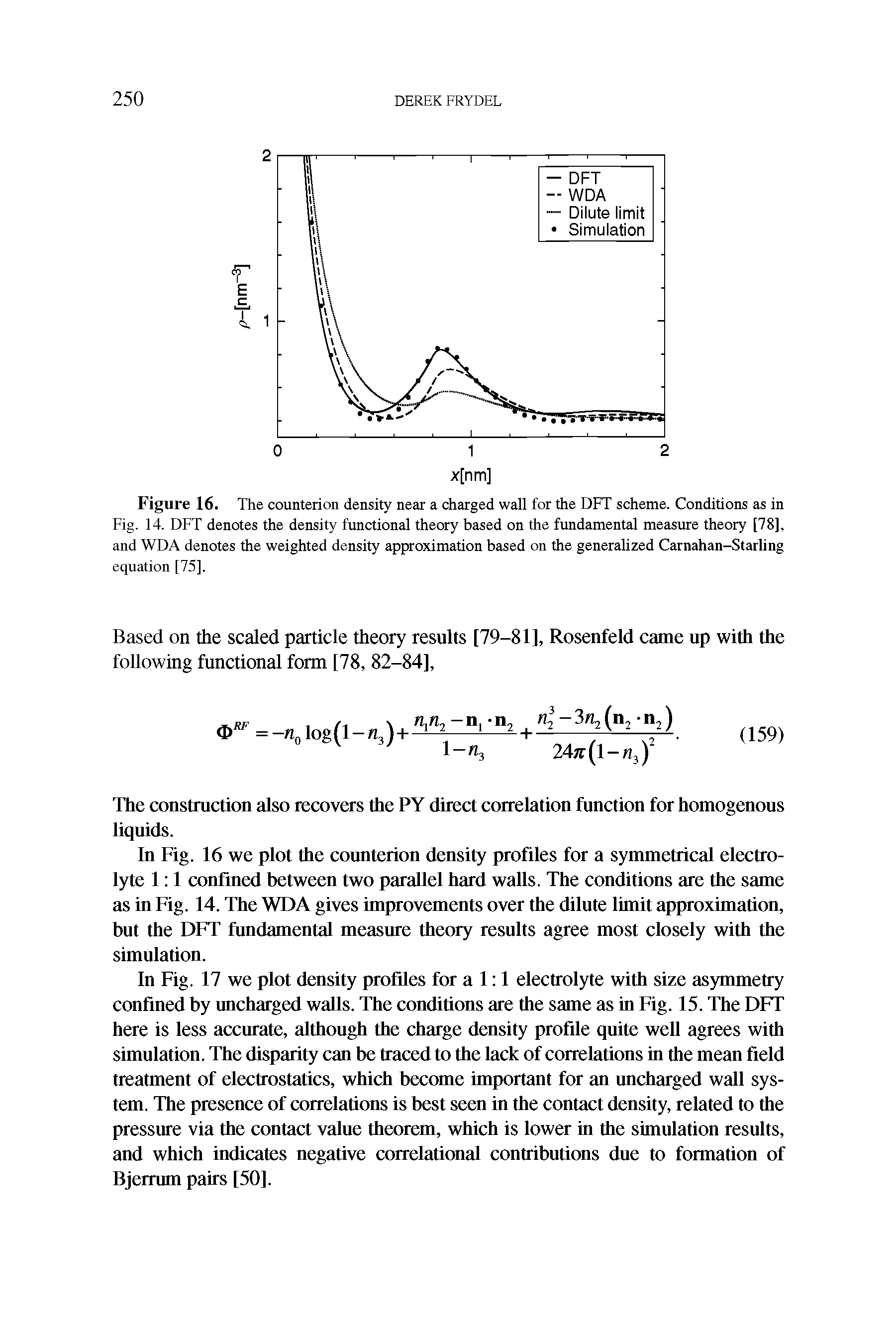 Figure 16. The counterion density near a charged wall for the DFT scheme. Conditions as in Fig. 14. DFT denotes the density functional theory based on the fundamental measure theory [78], and WDA denotes the weighted density approximation based on the generalized Carnahan-Starling equation [75].