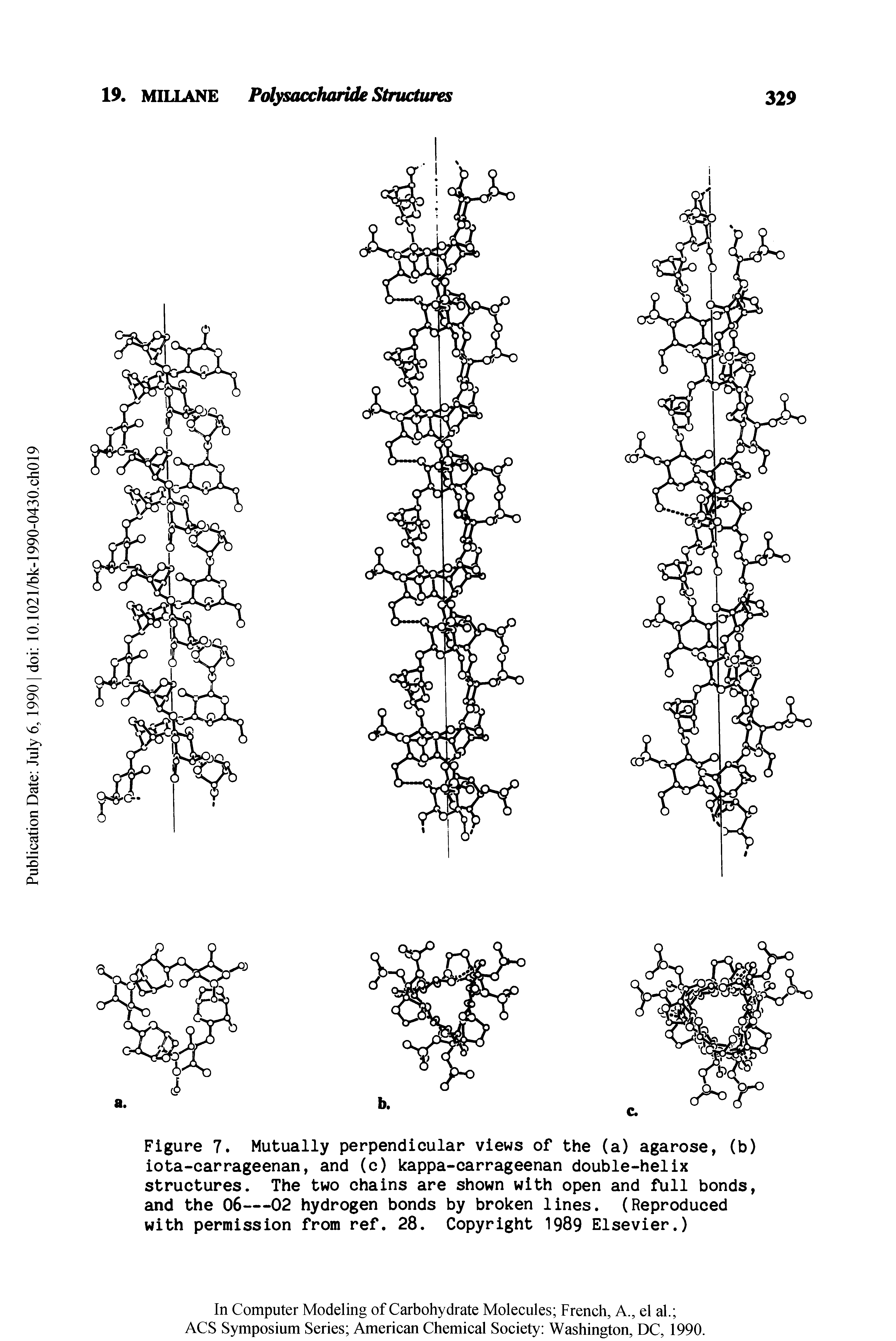 Figure 7. Mutually perpendicular views of the (a) agarose, (b) iota-carrageenan, and (c) kappa-carrageenan double-helix structures. The two chains are shown with open and full bonds, and the 06—02 hydrogen bonds by broken lines. (Reproduced with permission from ref. 28. Copyright 1989 Elsevier.)...