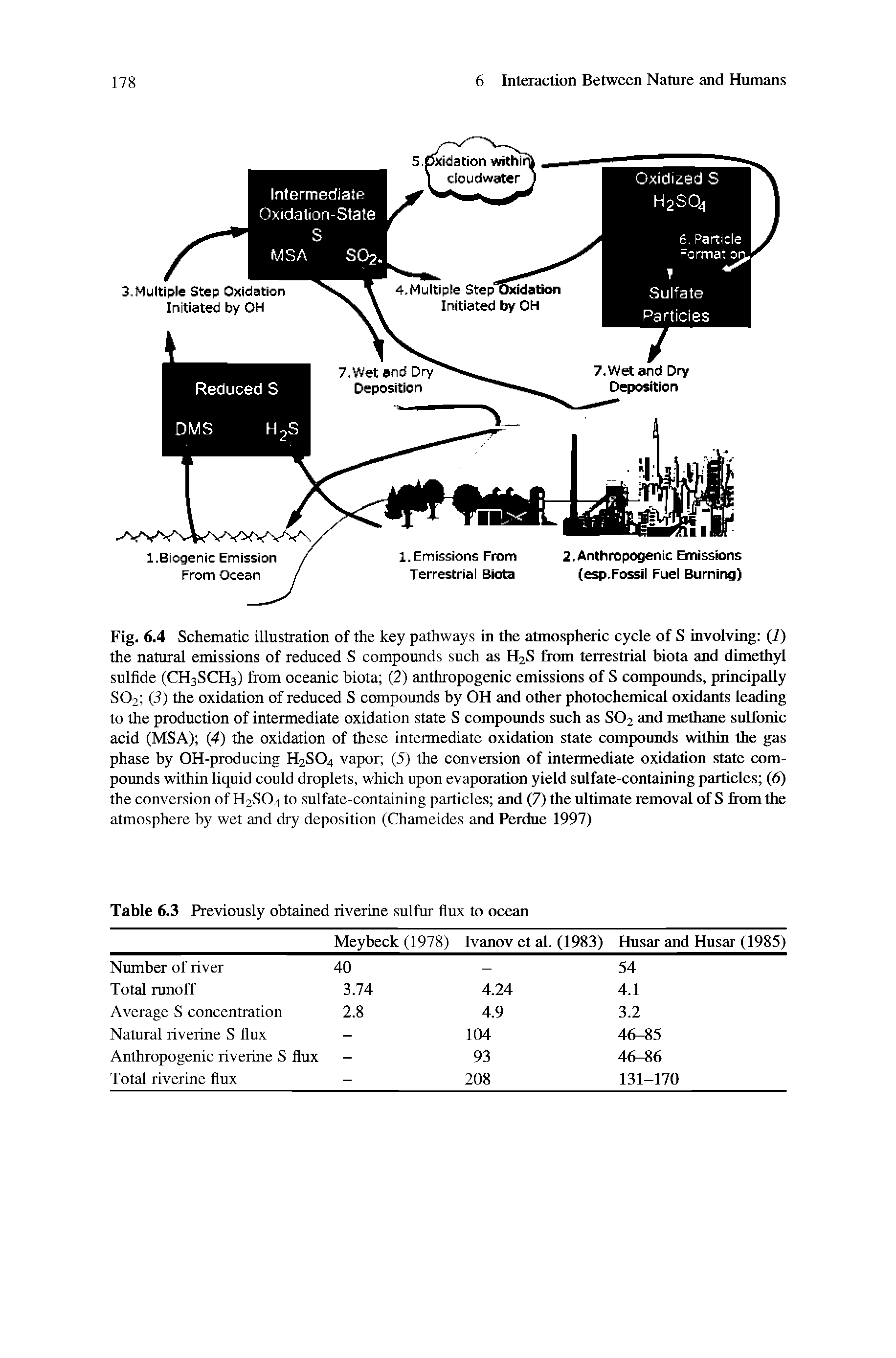 Fig. 6.4 Schematic illustration of the key pathways in the atmospheric cycle of S involving (7) the natural emissions of reduced S compounds such as H2S frran terrestrial biota and dimethyl sulfide (CH3SCH3) from oceanic biota (2) anthropogenic emissions of S compounds, principally SO2 (3) the oxidation of reduced S compounds by OH and other photochemical oxidants leading to the production of intermediate oxidation state S compotmds such as SO2 and methane sulfonic acid (MSA) (4) the oxidation of these mtermediate oxidation state compounds within the gas phase by OH-producing H2SO4 vapor (5) the conversion of intermediate oxidation state compounds within liquid could droplets, which upon evaporation yield sulfate-containing particles (6) the conversion of H2SO4 to sulfate-containing particles and (7) the ultimate removal of S fiom the atmosphere by wet and dry deposition (Chameides and Perdue 1997)...