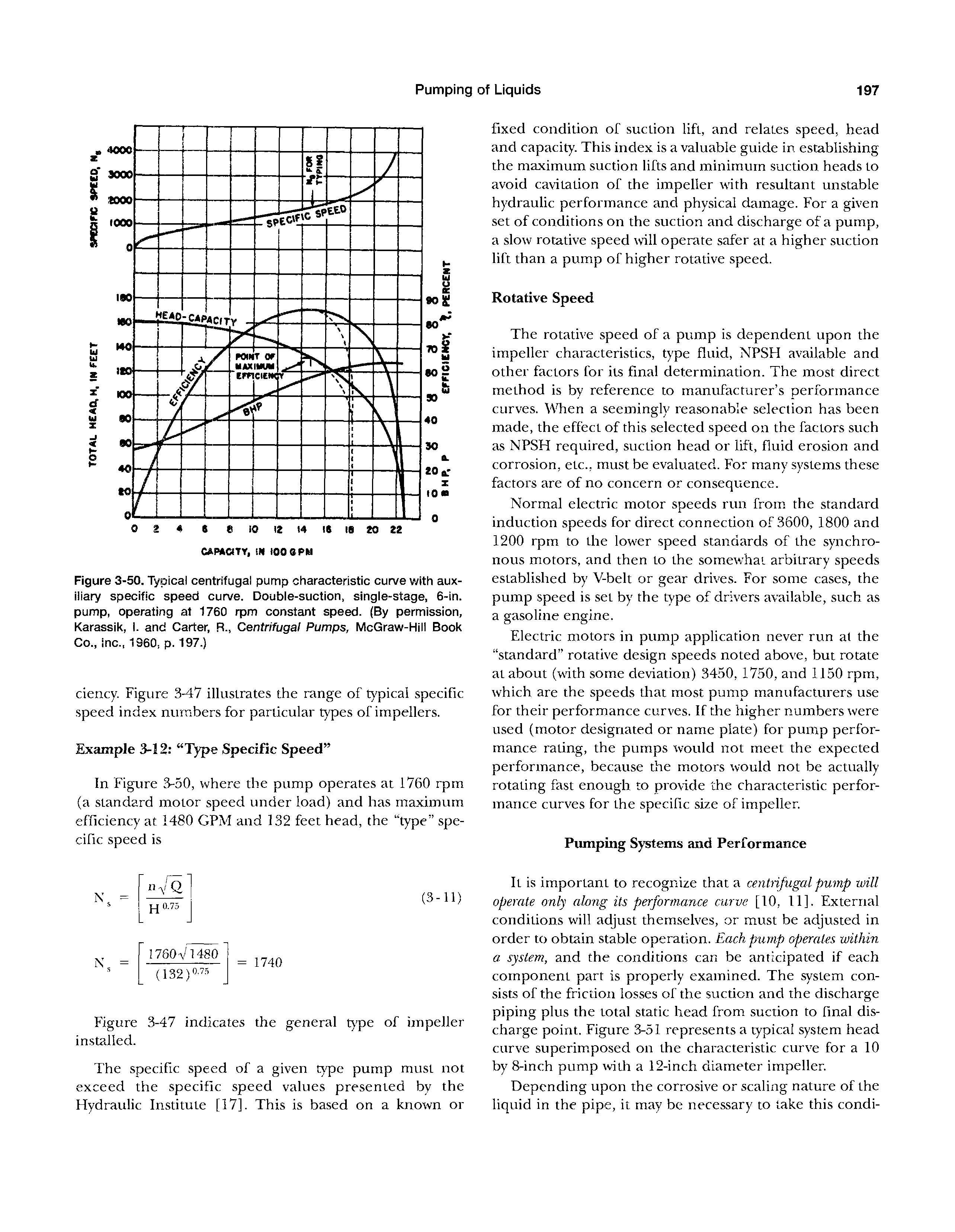 Figure 3-50. Typical centrifugal pump characteristic curve vrith auxiliary specific speed curve. Double-suction, single-stage, 6-in. pump, operating at 1760 rpm constant speed. (By permission, Karassik, I. and Carter, B., Centrifugal Pumps, McGraw-Hill Book Co., inc., 1360, p. 197.)...