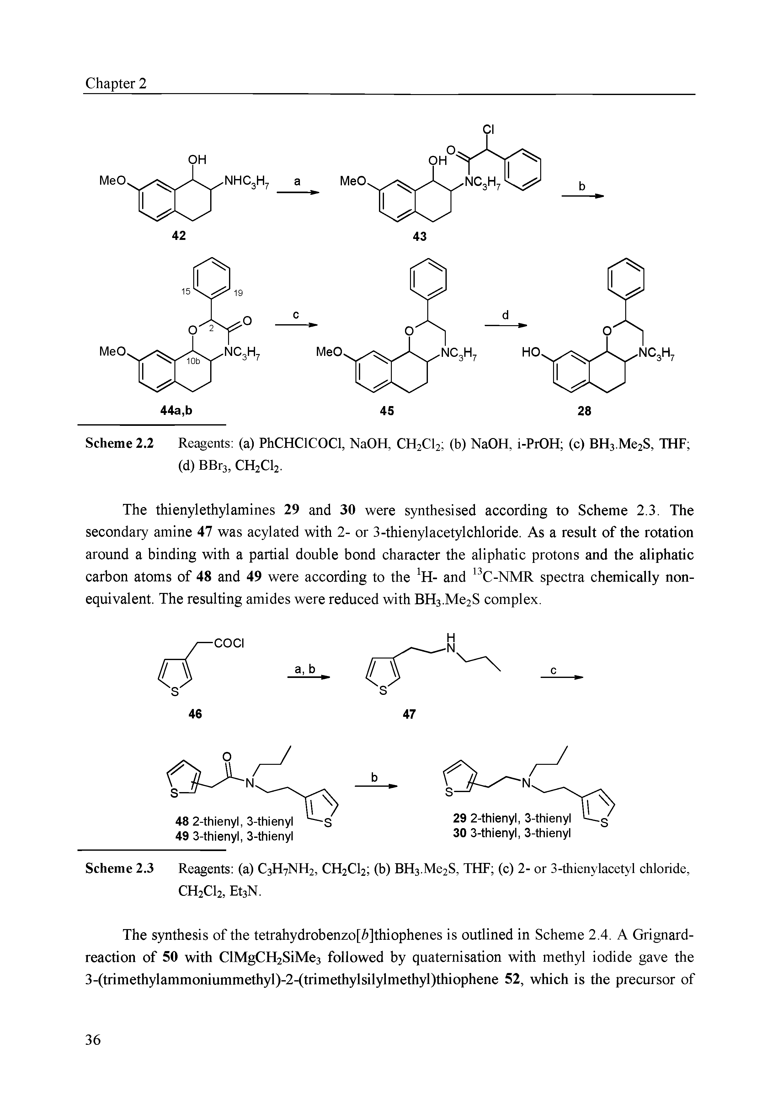 Scheme 2.3 Reagents (a) C3H7NH2, CH2C12 (b) BH3.Me2S, THF (c) 2- or 3-thienylacetyl chloride, CH2C12, Et3N.