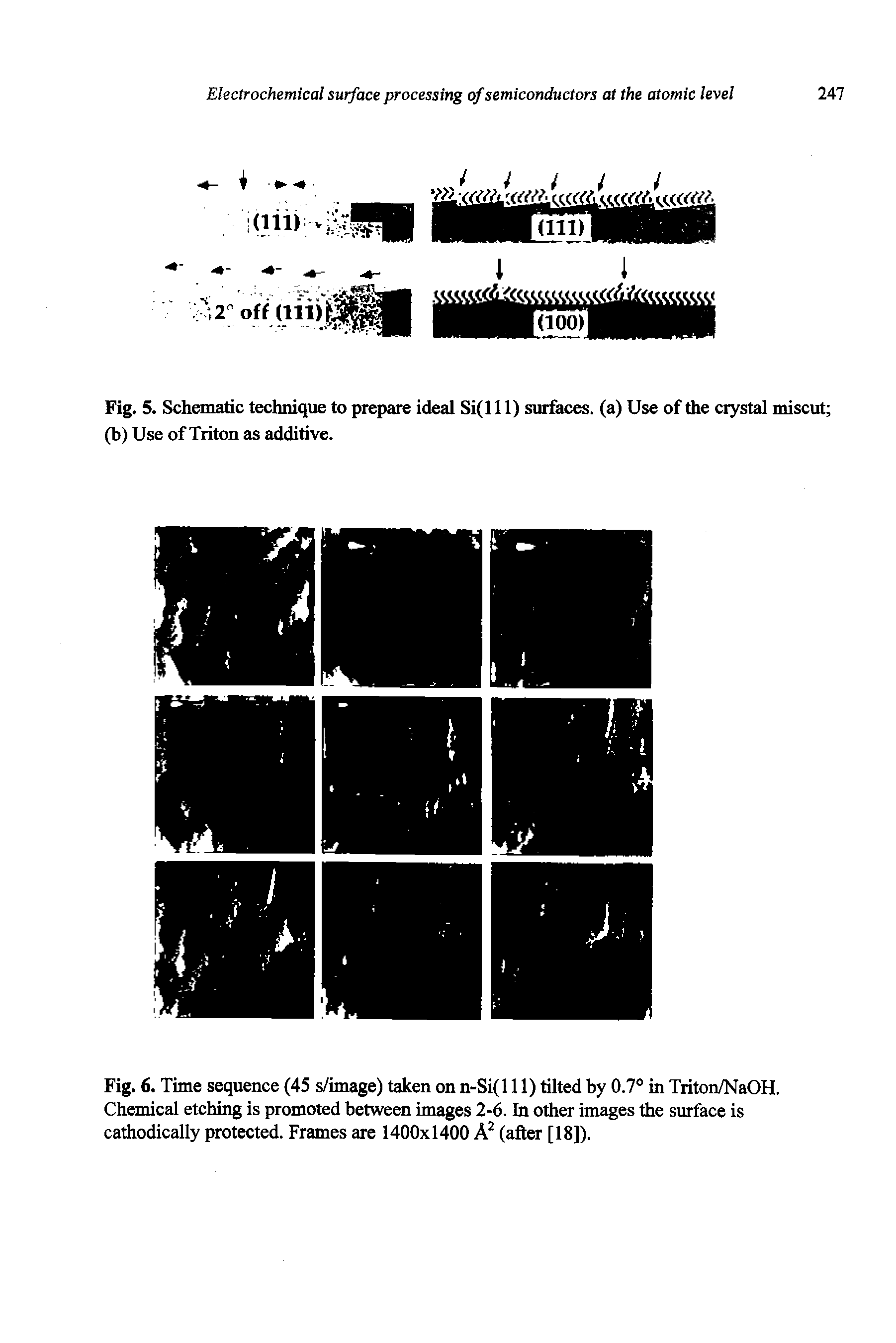 Fig. 5. Schematic technique to prepare ideal Si(l 11) surfaces, (a) Use of the crystal miscut (b) Use of Triton as additive.