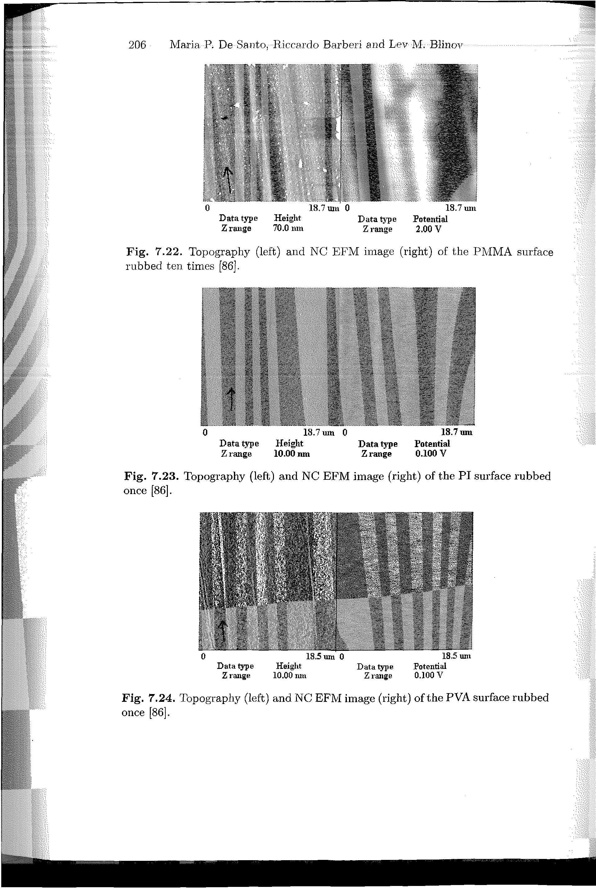 Fig. 7.22. Topography (left) and NC EFM image (right) of the PMMA surface rubbed ten times [86].