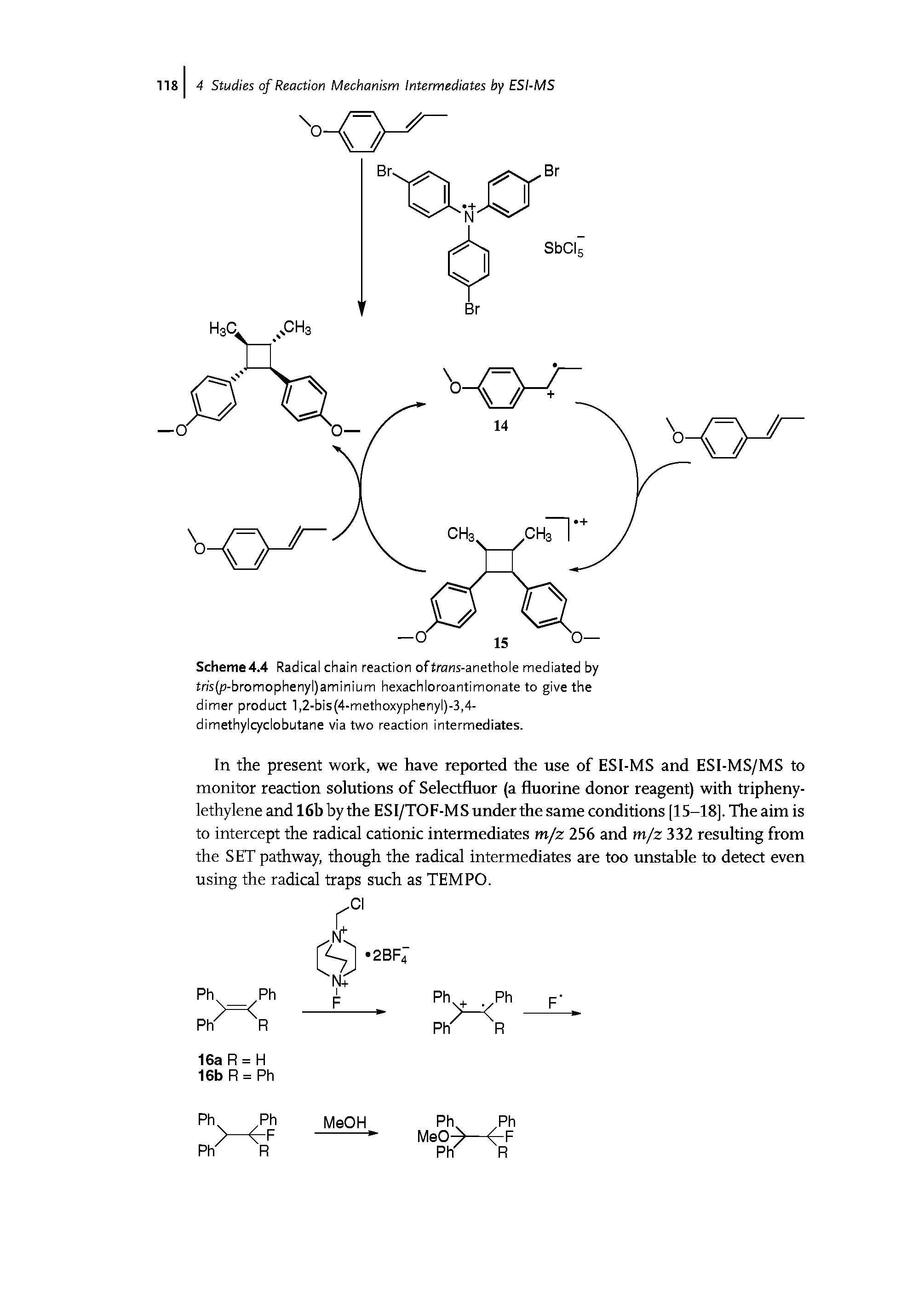 Scheme 4.4 Radical chain reaction of trans-anethole mediated by tris(p-bromophenyl)aminium hexachloroantimonate to give the dimer product 1,2-bis(4-methoxyphenyl)-3,4-dimethylcyclobutane via two reaction intermediates.