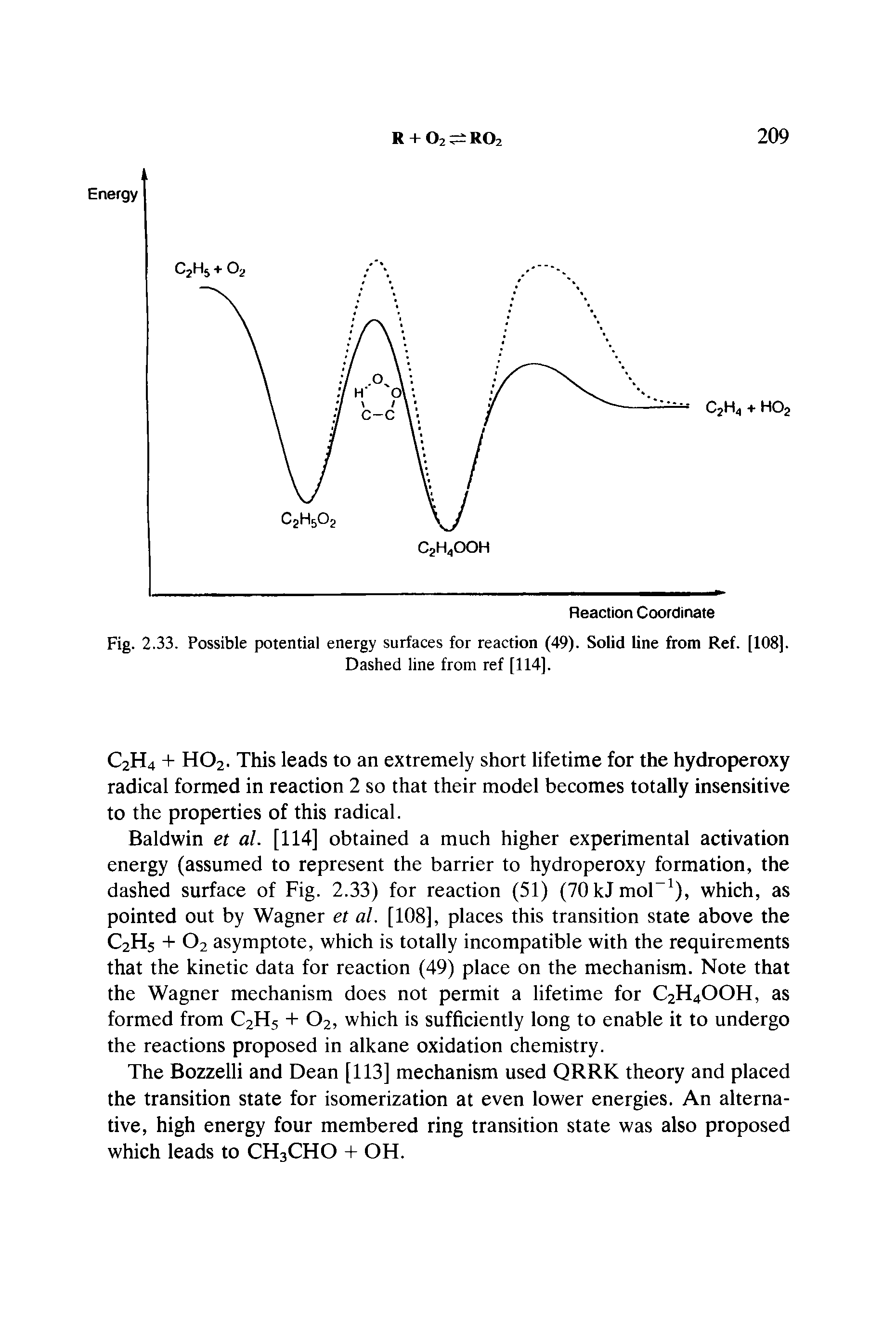 Fig. 2.33. Possible potential energy surfaces for reaction (49). Solid line from Ref. [108).