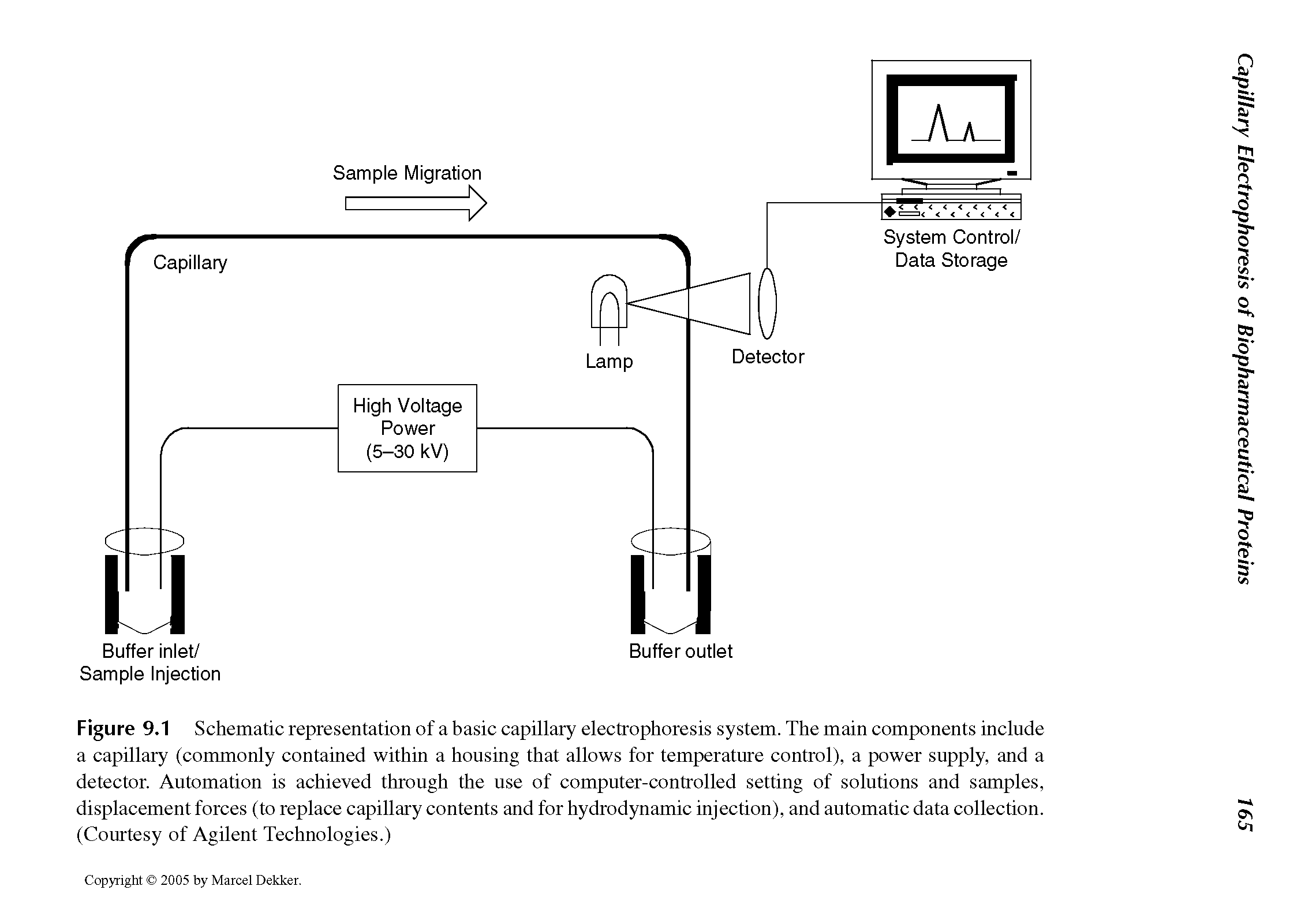 Figure 9.1 Schematic representation of a basic capillary electrophoresis system. The main components include a capillary (commonly contained within a housing that allows for temperature control), a power supply, and a detector. Automation is achieved through the use of computer-controlled setting of solutions and samples, displacement forces (to replace capillary contents and for hydrodynamic injection), and automatic data collection. (Courtesy of Agilent Technologies.)...