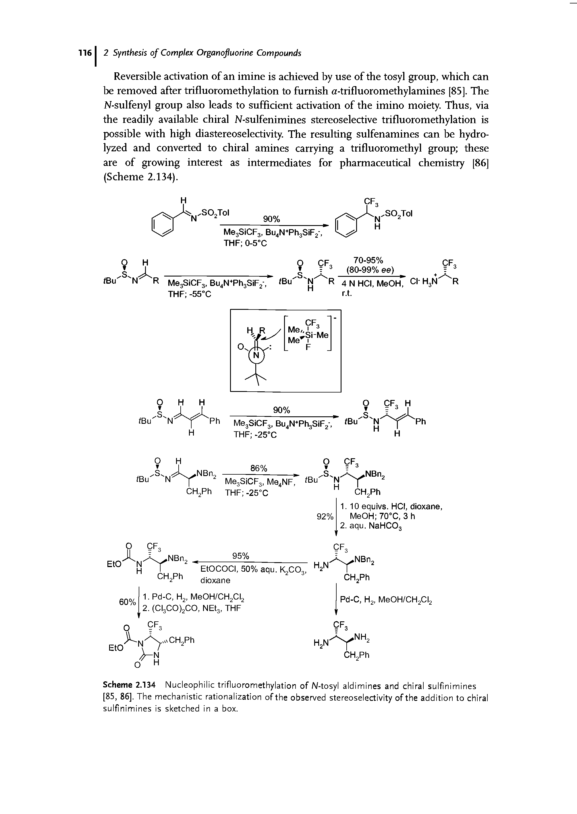 Scheme 2.134 Nucleophilic trifluoromethylation of N-tosyl aldimines and chiral sulfinimines [85, 86]. The mechanistic rationalization of the observed stereoselectivity of the addition to chiral sulfinimines is sketched in a box.