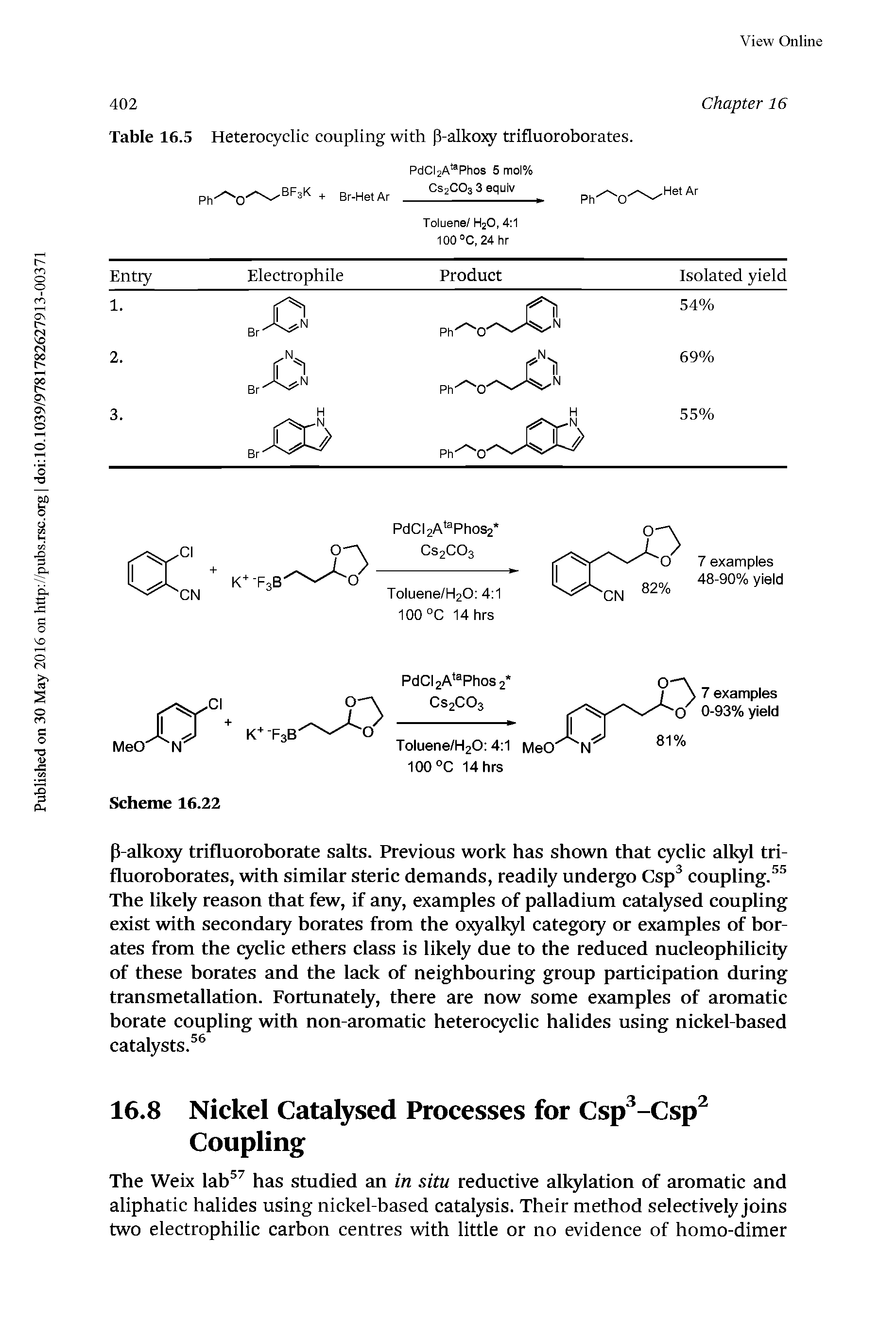 Table 16.5 Heterocyclic coupling with p-alko>y trifluoroborates.