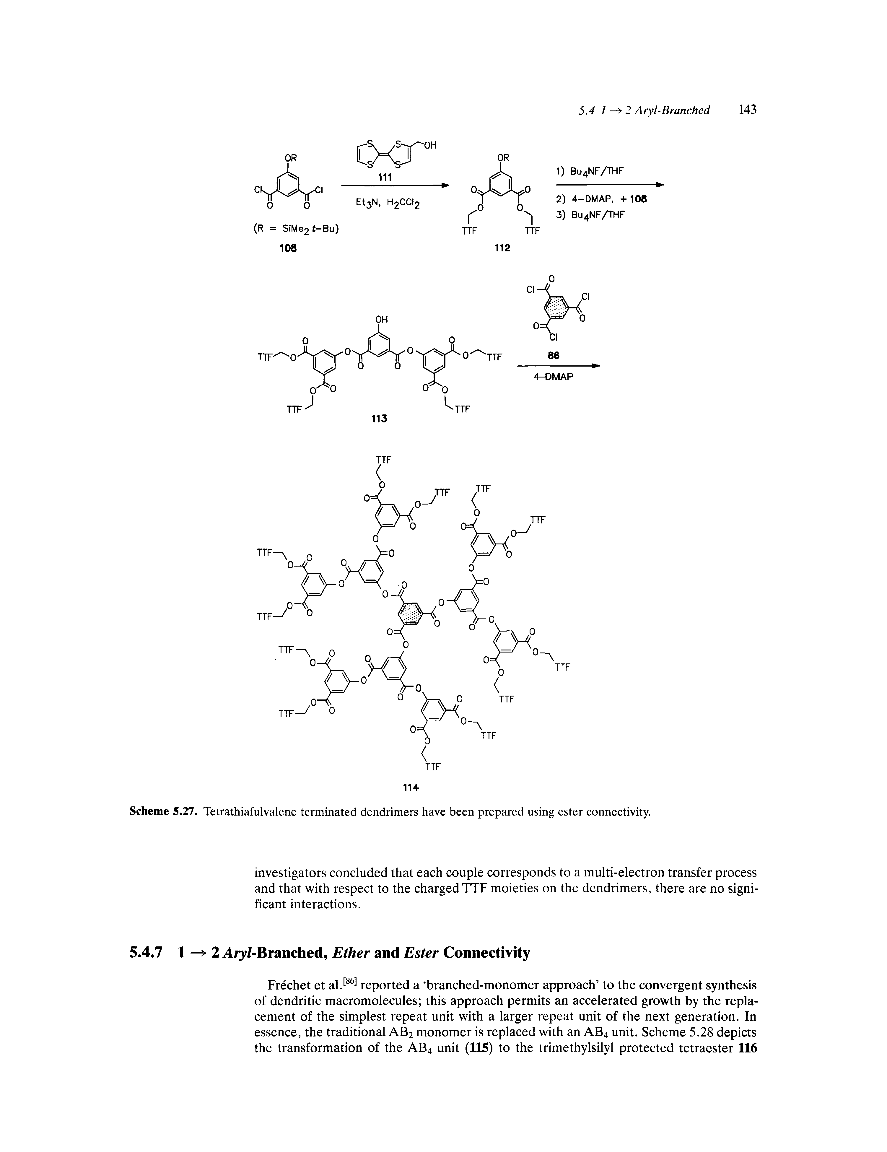 Scheme 5.27. Tetrathiafulvalene terminated dendrimers have been prepared using ester connectivity.